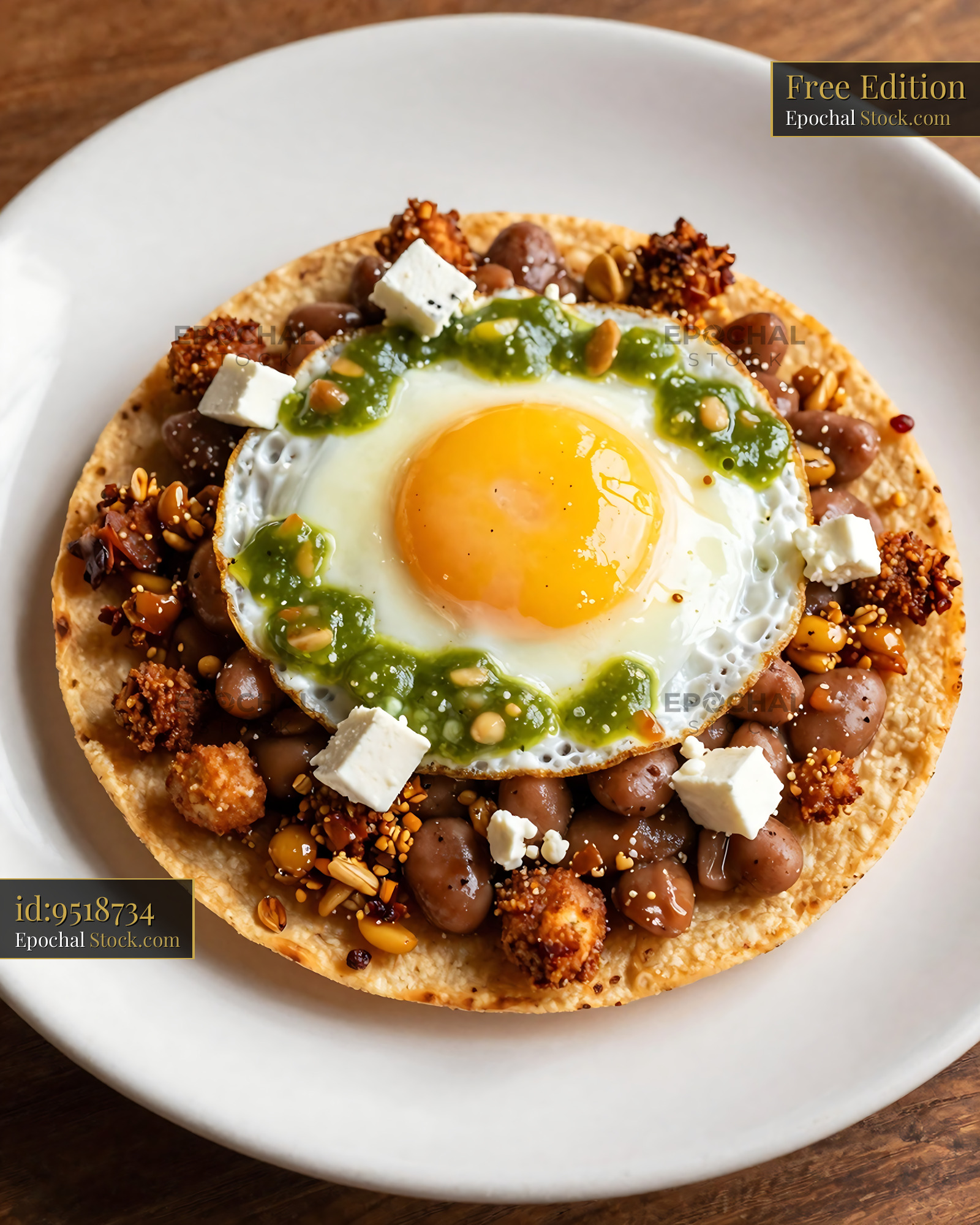 Crispy Goetta Tostada with Egg Salsa Verde - stock photo