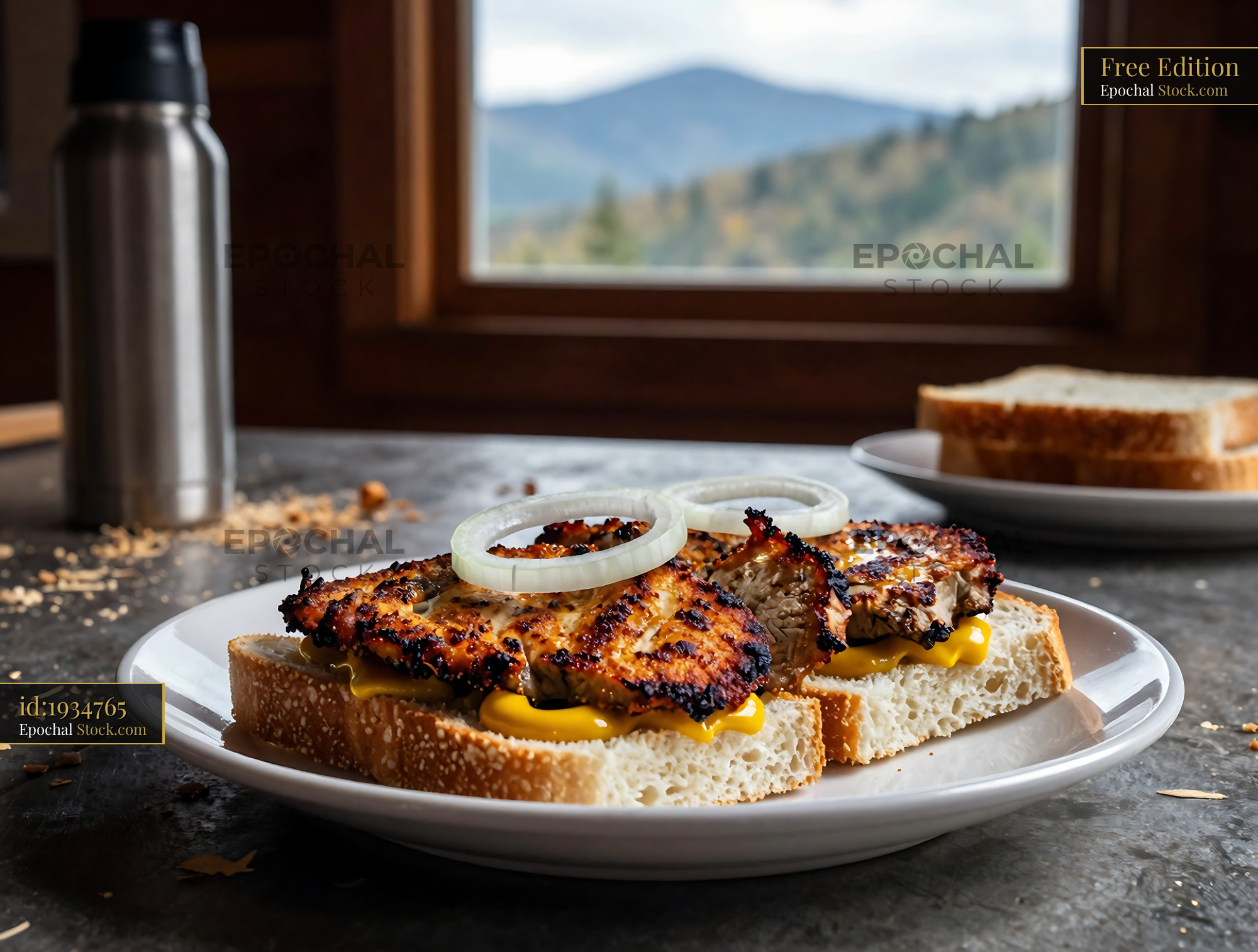 Grilled Livermush Sandwich Mountain Cabin View - stock photo