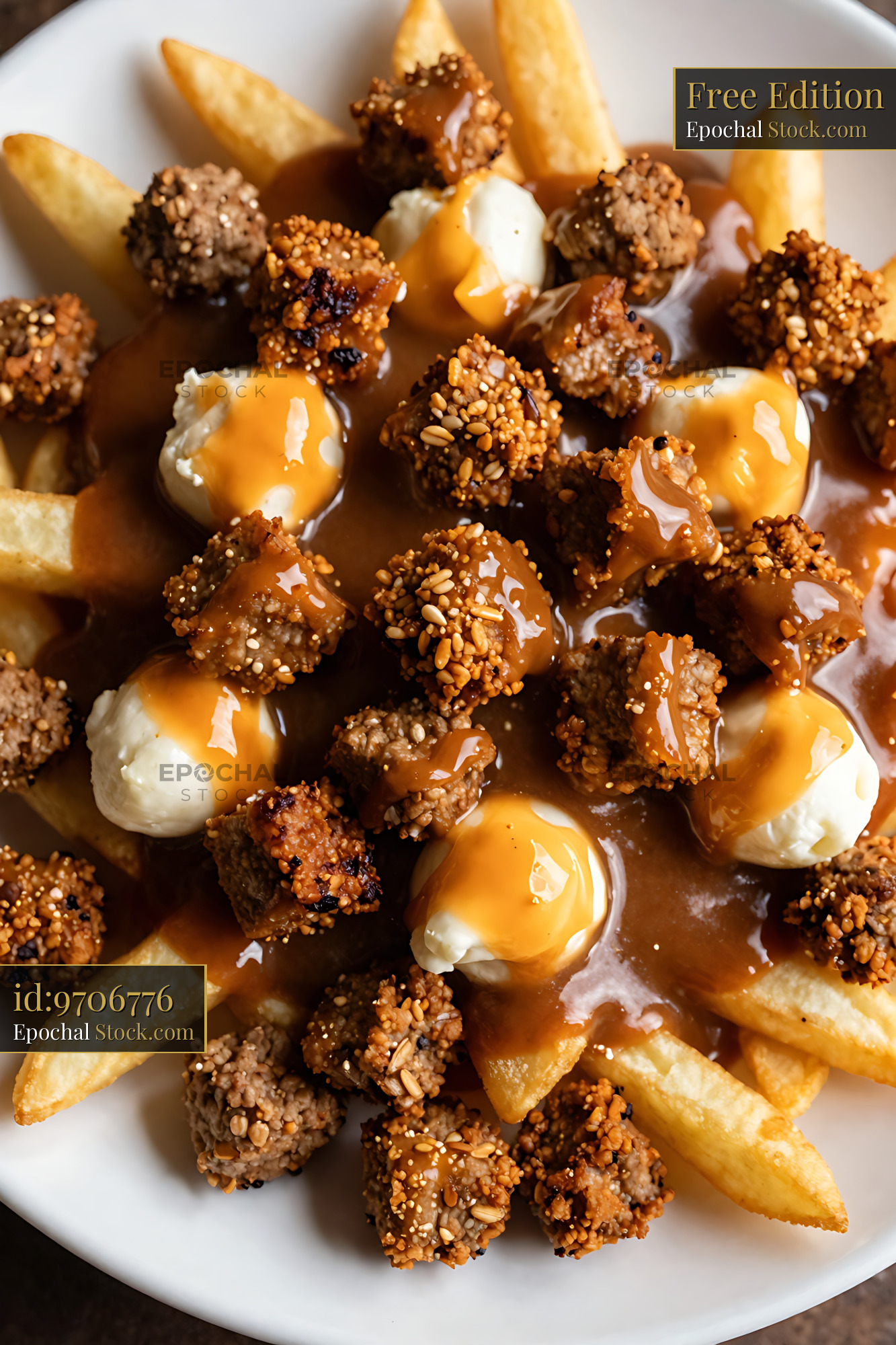 Goetta Meatballs with Fries and Caramel Sauce - stock photo