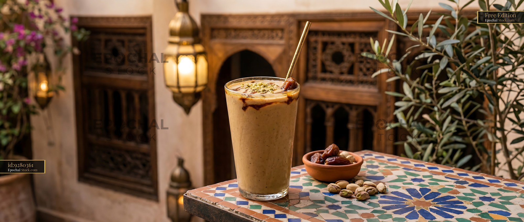 Tahini Date Shake in Moroccan Courtyard - stock photo
