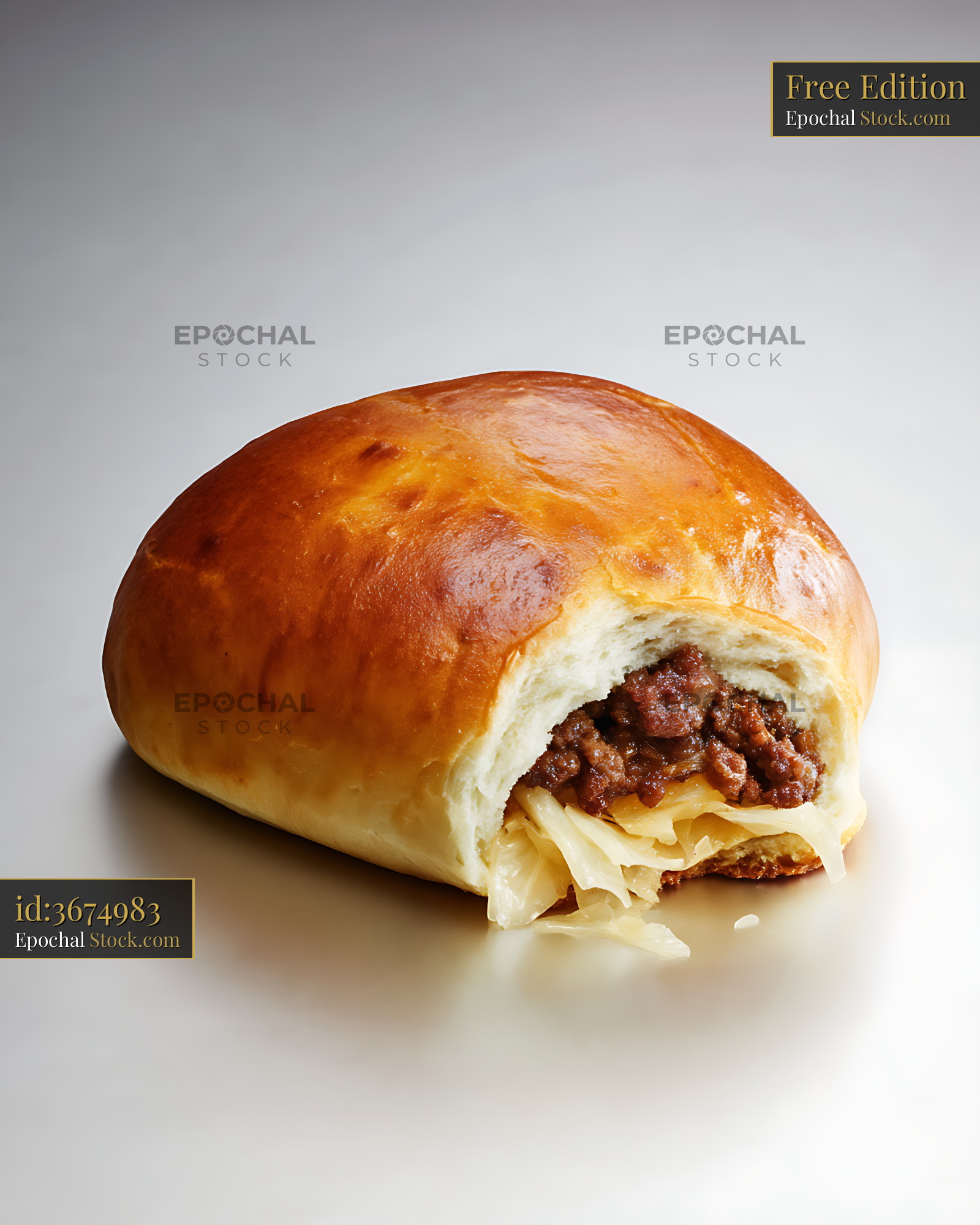 Golden Bierocks Pastry with Meat and Cabbage Filling, Open Cross-Section - stock photo