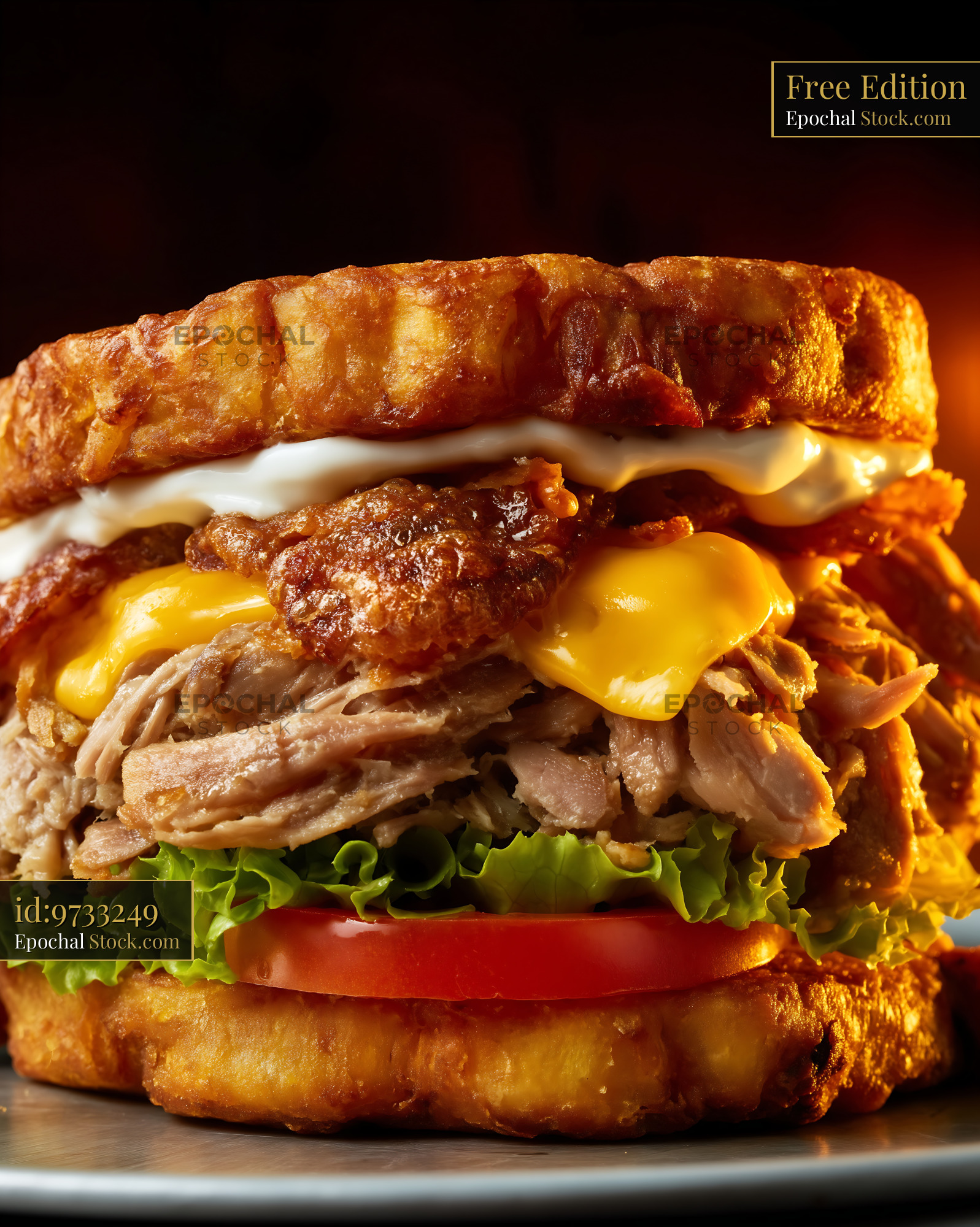 Jibarito Burger with Pulled Pork, Melted Cheese, and Fresh Vegetables - stock photo