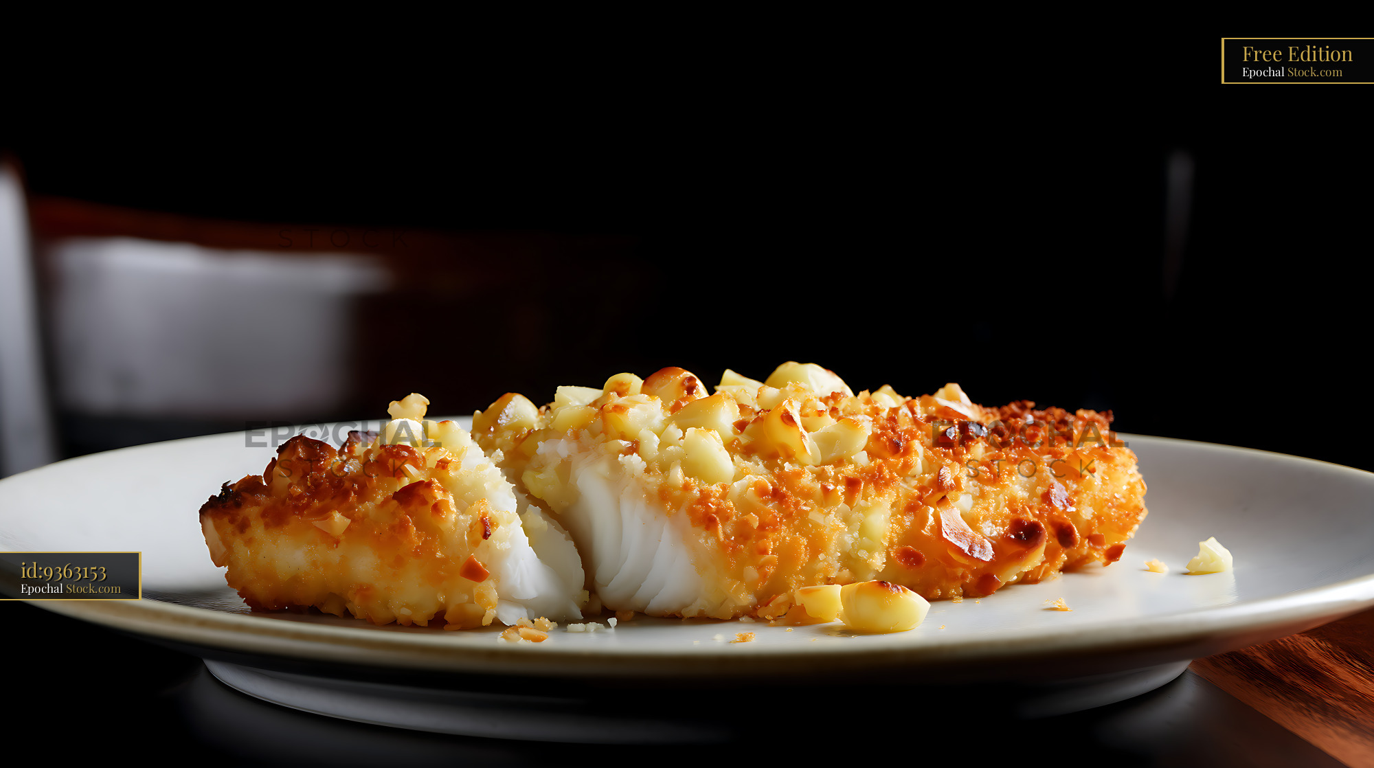 Crispy Baked Fish Fillet on Elegant White Plate - stock photo
