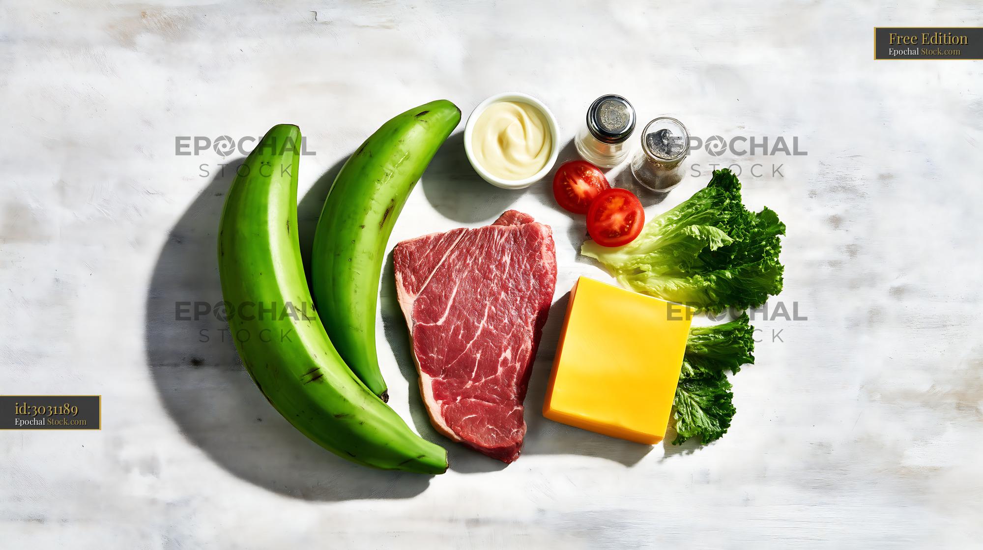 Jibarito Burger Ingredients Flat Lay with Green Plantains and Beef - stock photo