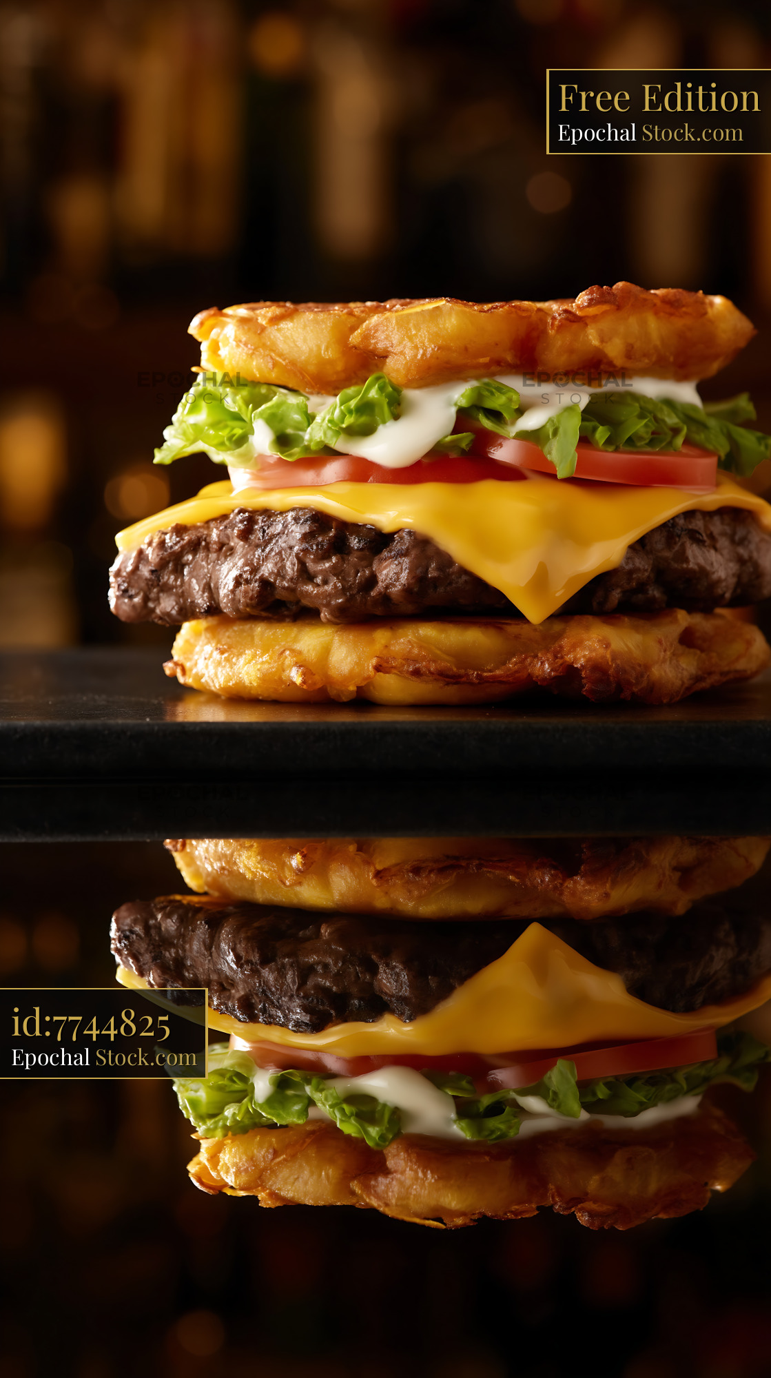 Jibarito Burger Stacked High with Fried Plantain Buns and Melted Cheese - stock photo