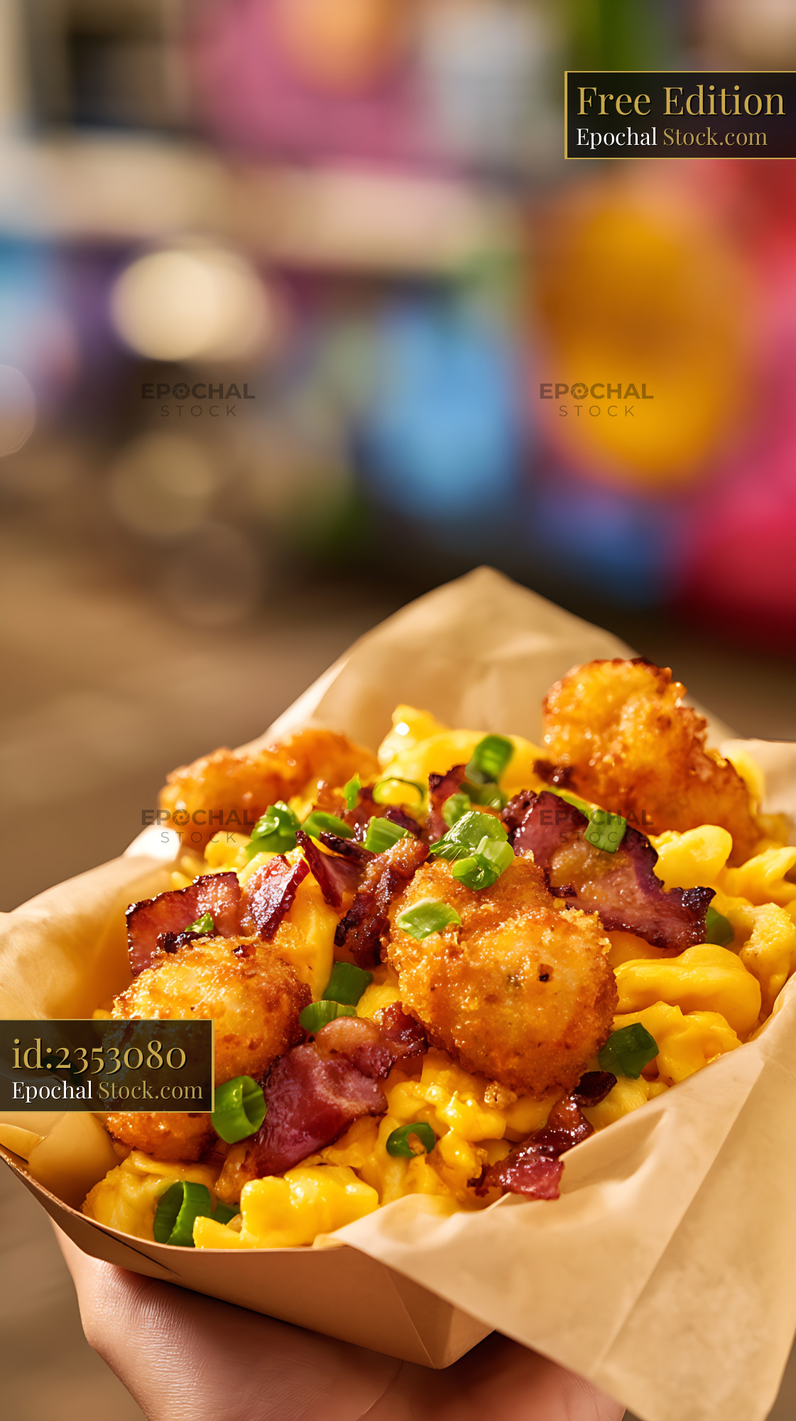 Crispy Shrimp Mac and Cheese with Bacon Strips - stock photo