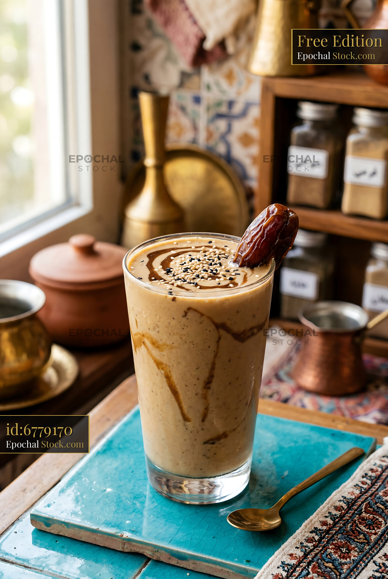 Tahini Date Shake with Sesame Topping - stock photo