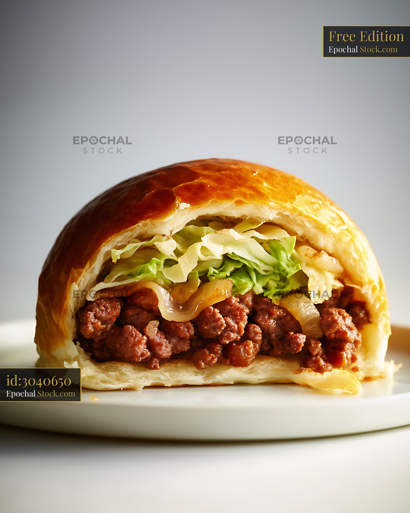 Bierocks With Ground Beef and Caramelized Onions on White Plate - stock photo