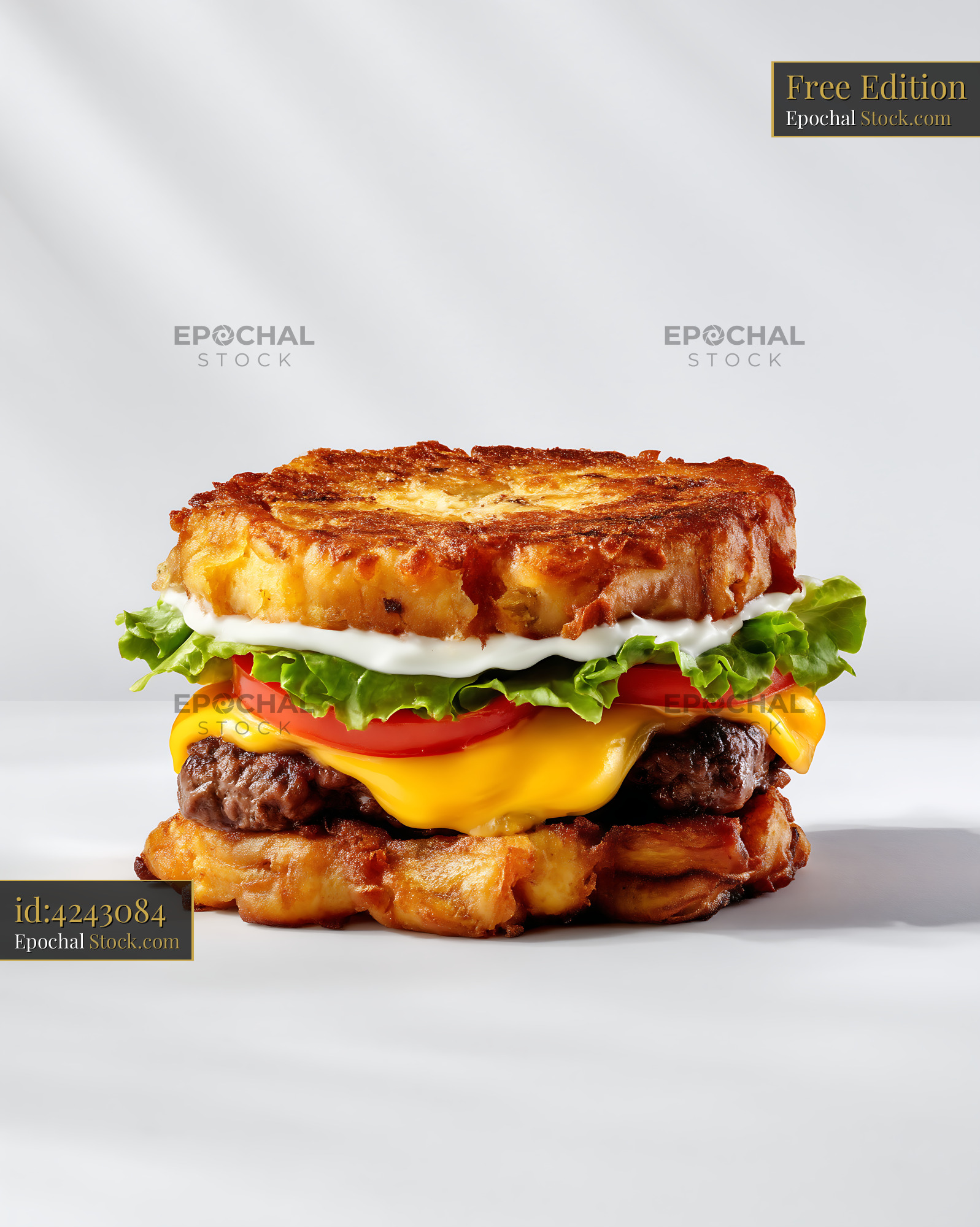 Jibarito Burger with Melted Cheese and Fresh Toppings on White Background - stock photo