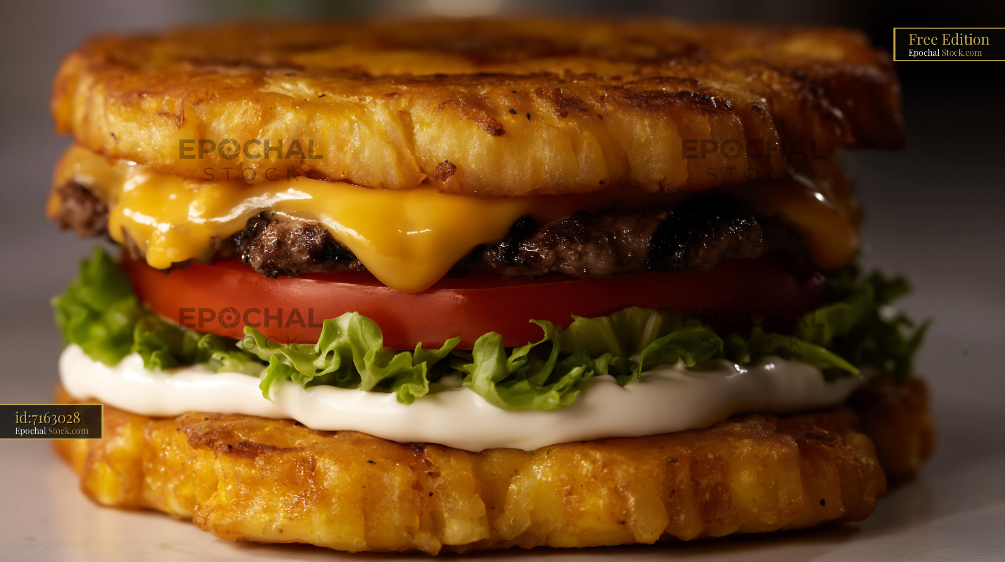 Gourmet Beef Burger with Melted Cheese on Toasted Brioche - stock photo