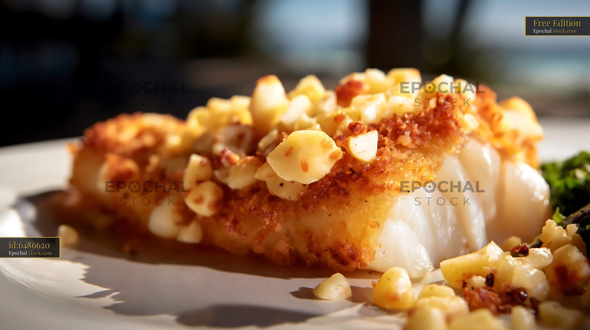 Macadamia Crusted Fish Fillet on White Plate - stock photo