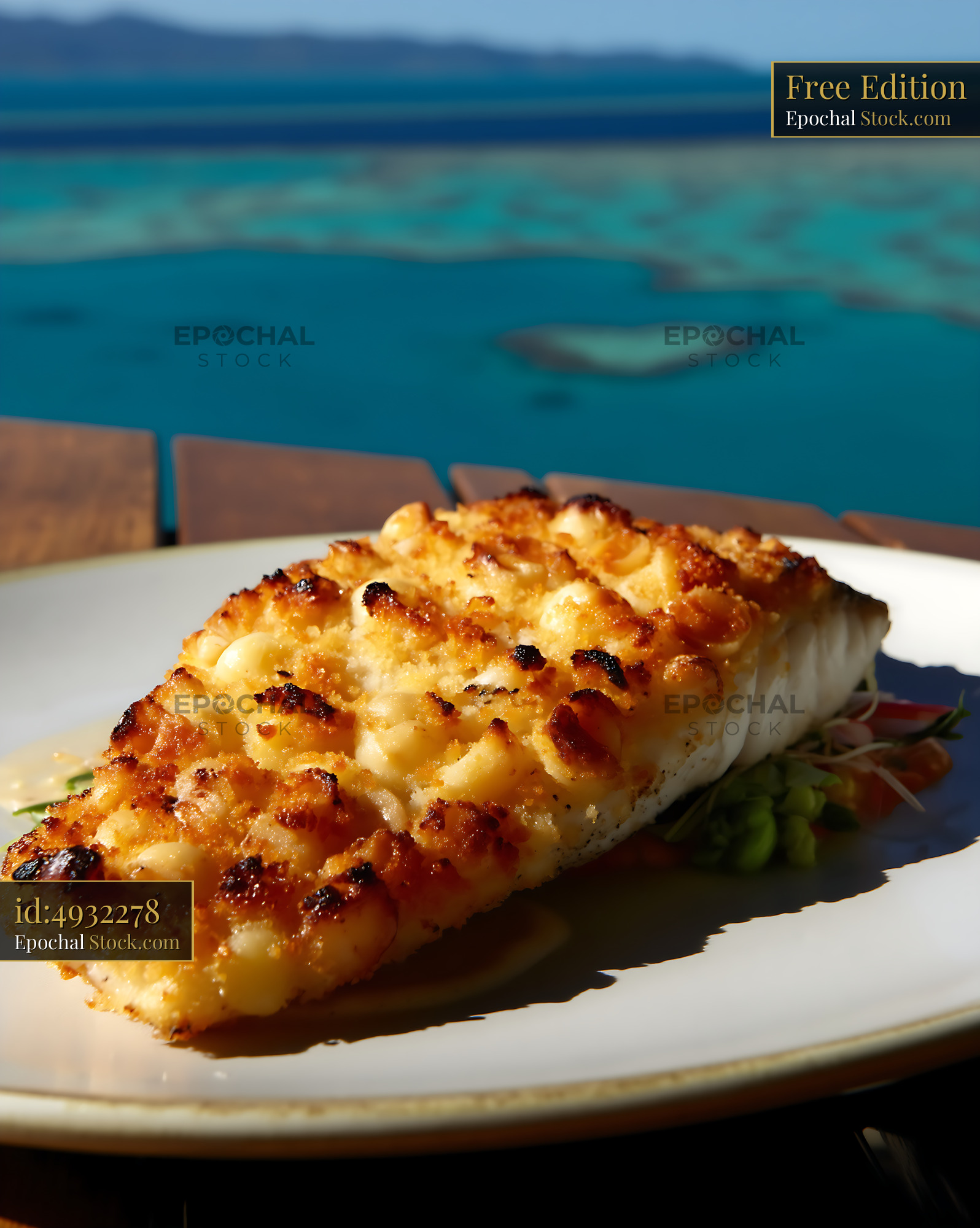 Macadamia Crusted Fish with Ocean View - stock photo