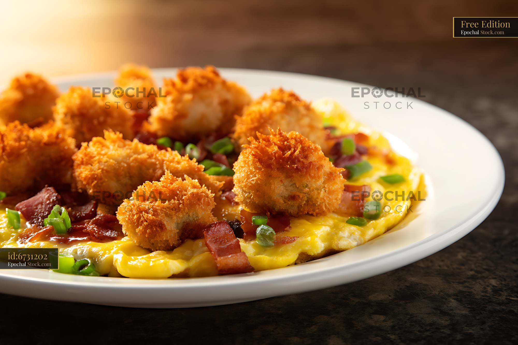 Crispy Fried Shrimp and Bacon Omelet Plated - stock photo
