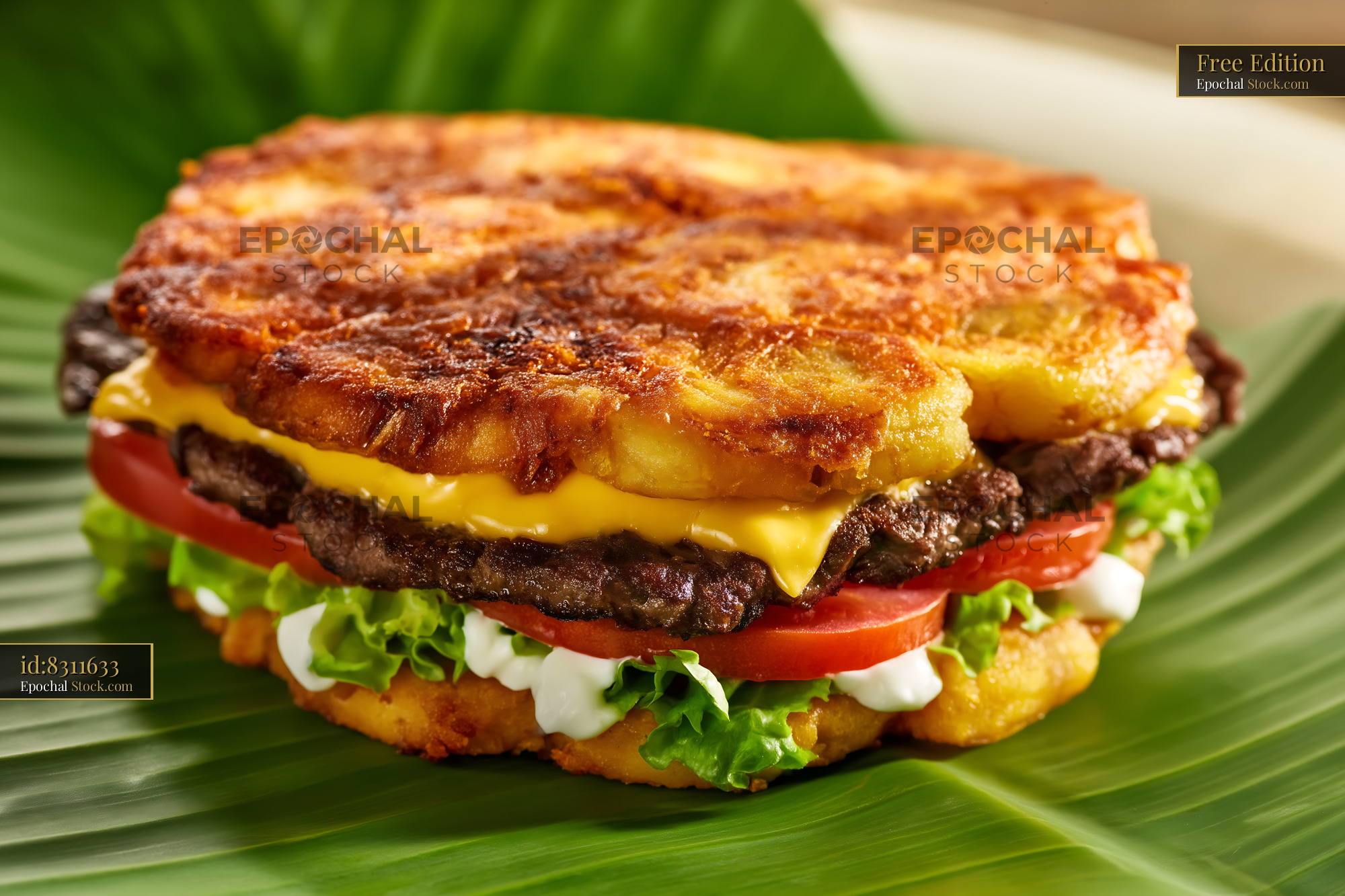 Gourmet Beef Burger with Melted Cheese & Crispy Crust - stock photo