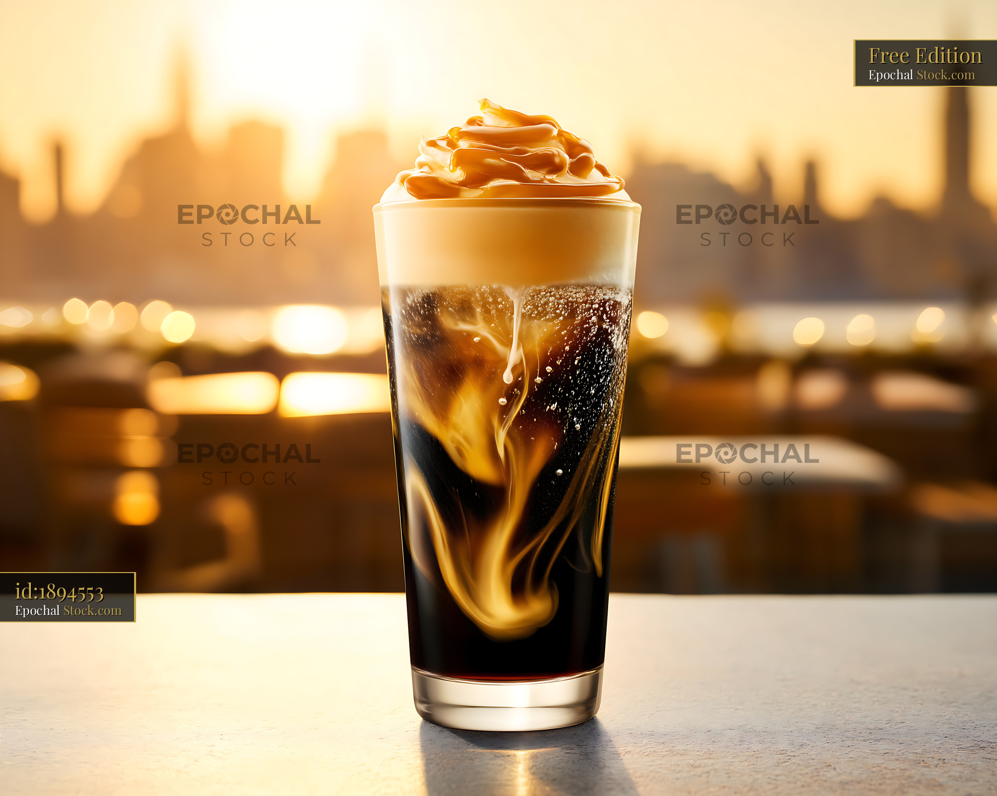 Nitro Caramel Coffee with City Sunset View - stock photo