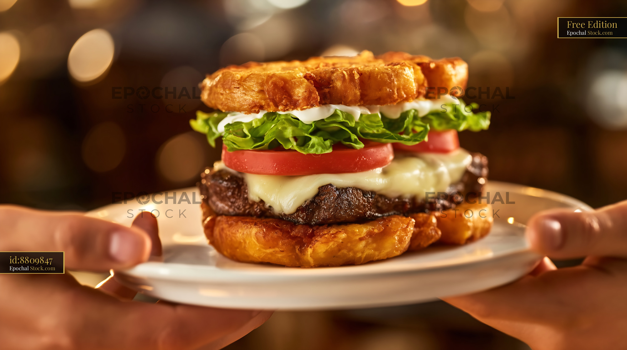 Jibarito Burger with Melted Cheese, Lettuce and Tomato on White Plate - stock photo