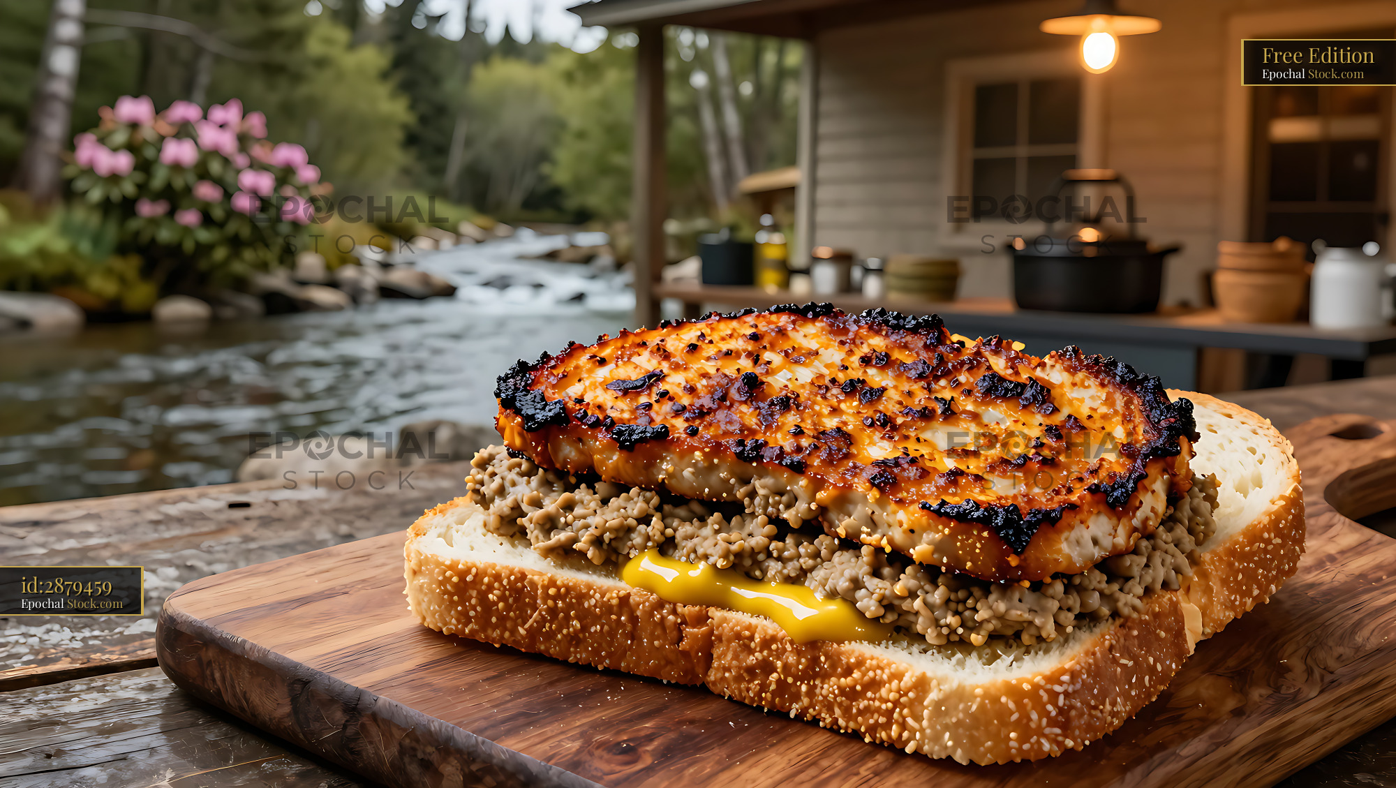 Livermush Sandwich Seared Patty Outdoor Dining - stock photo