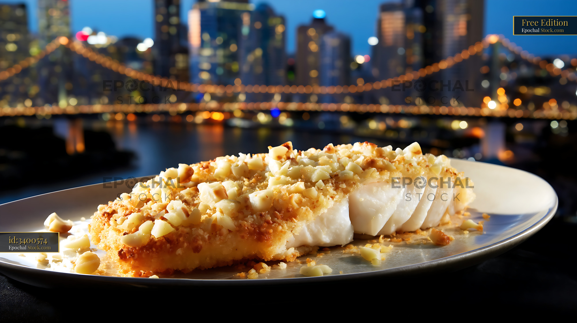 Macadamia Crusted Fish with City Skyline - stock photo