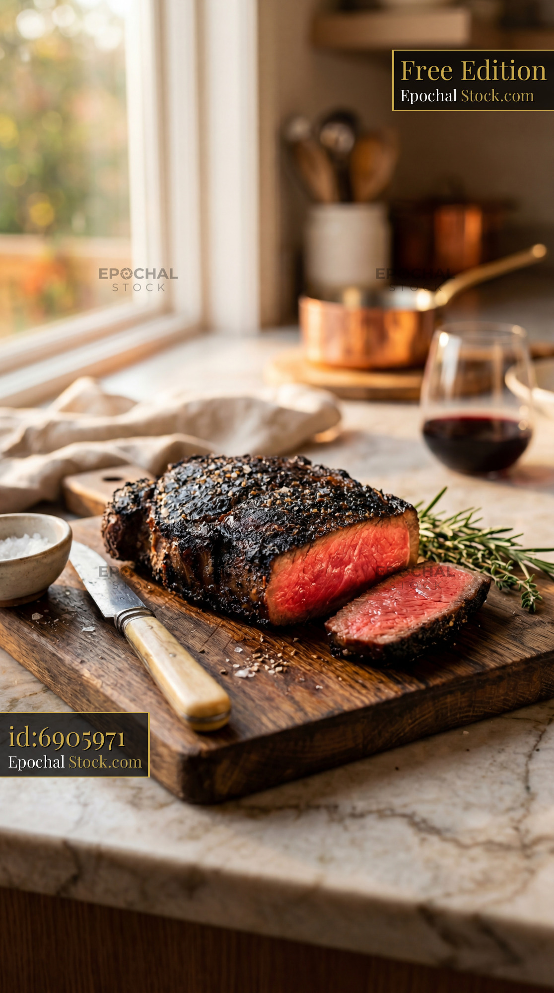 Herb-Crusted Beef Steak Sliced on Wooden Board - stock photo