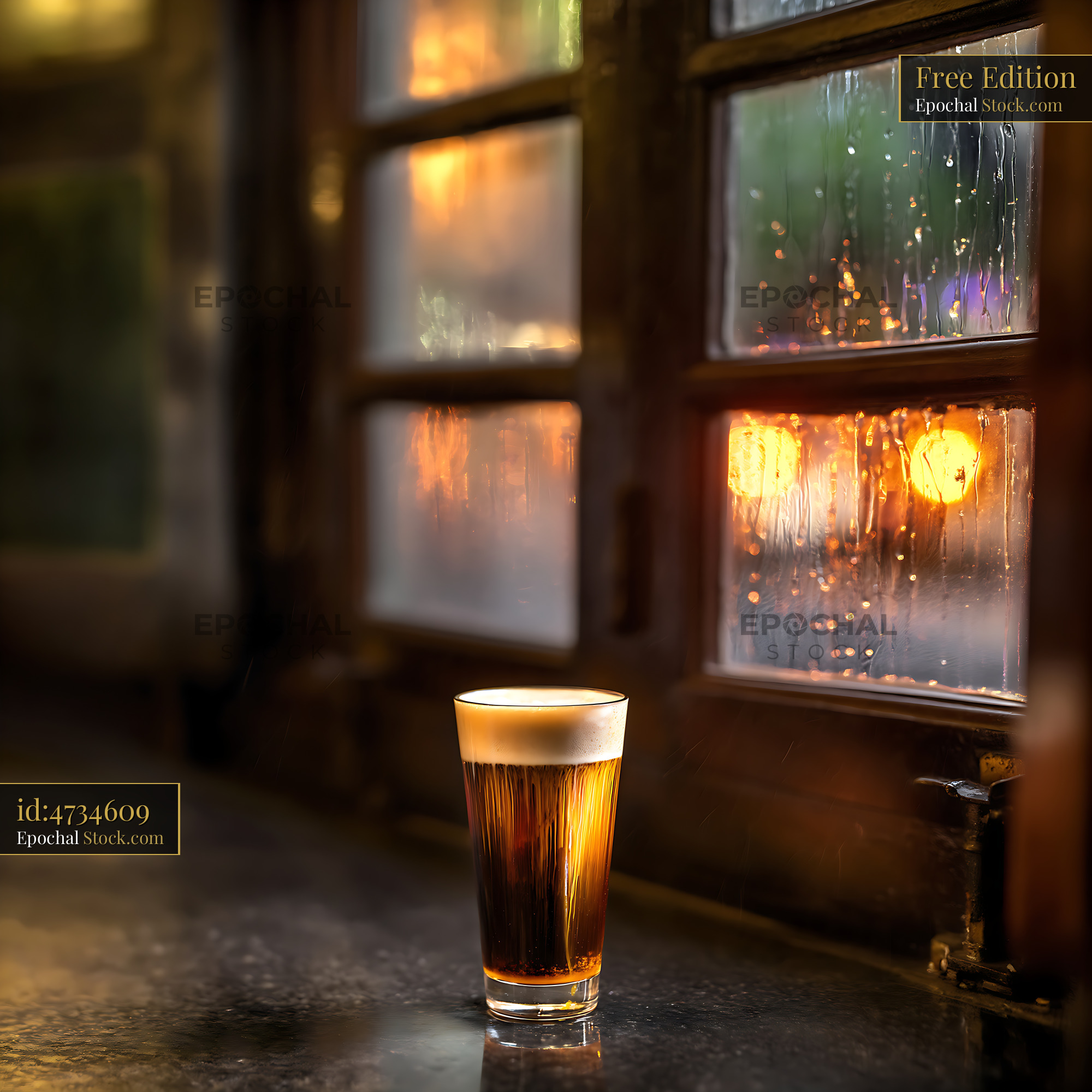 Nitro Caramel Coffee by Rainy Window - stock photo