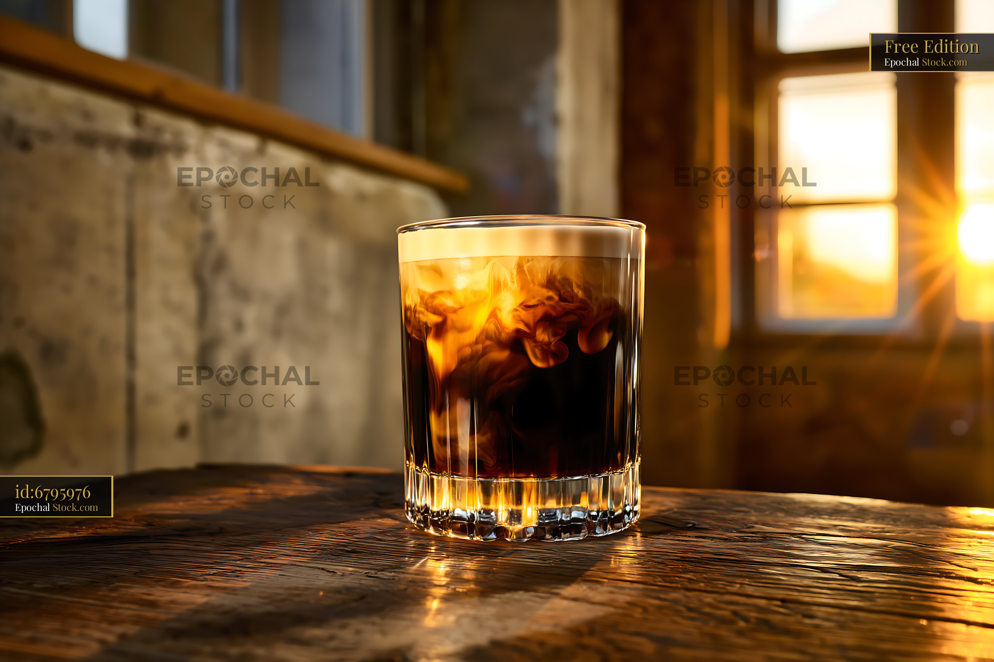 Nitro Caramel Iced Coffee in Warm Sunlight - stock photo