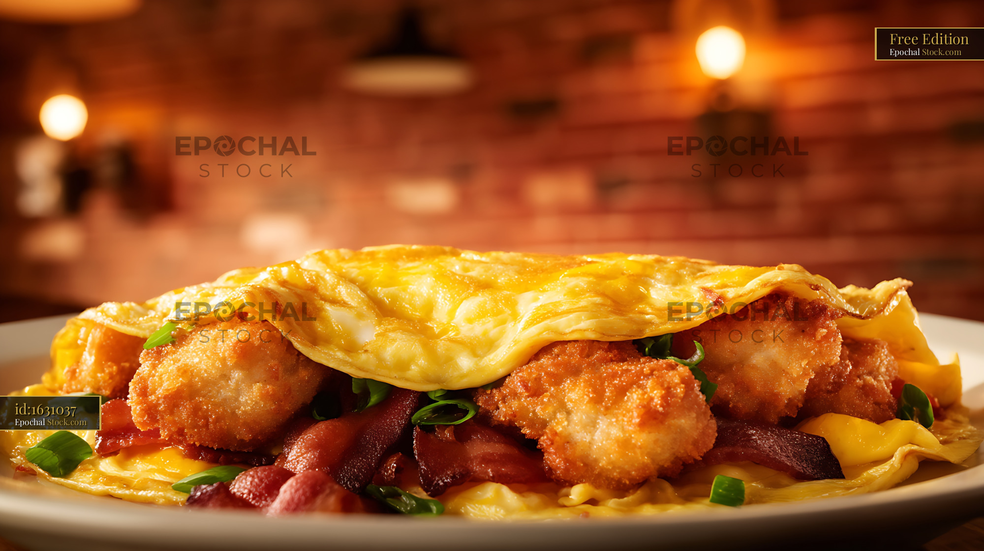 Gourmet Shrimp Omelet with Crispy Bacon - stock photo