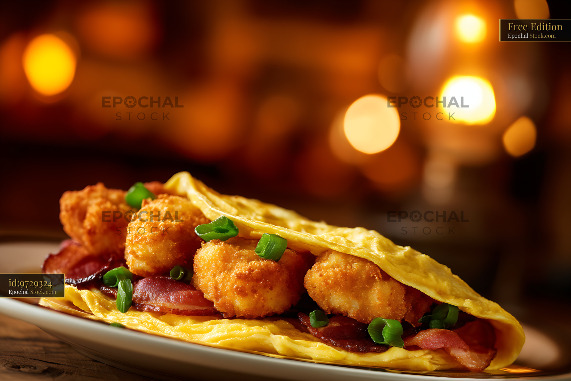 Gourmet Shrimp & Bacon Omelet, Fine Dining - stock photo