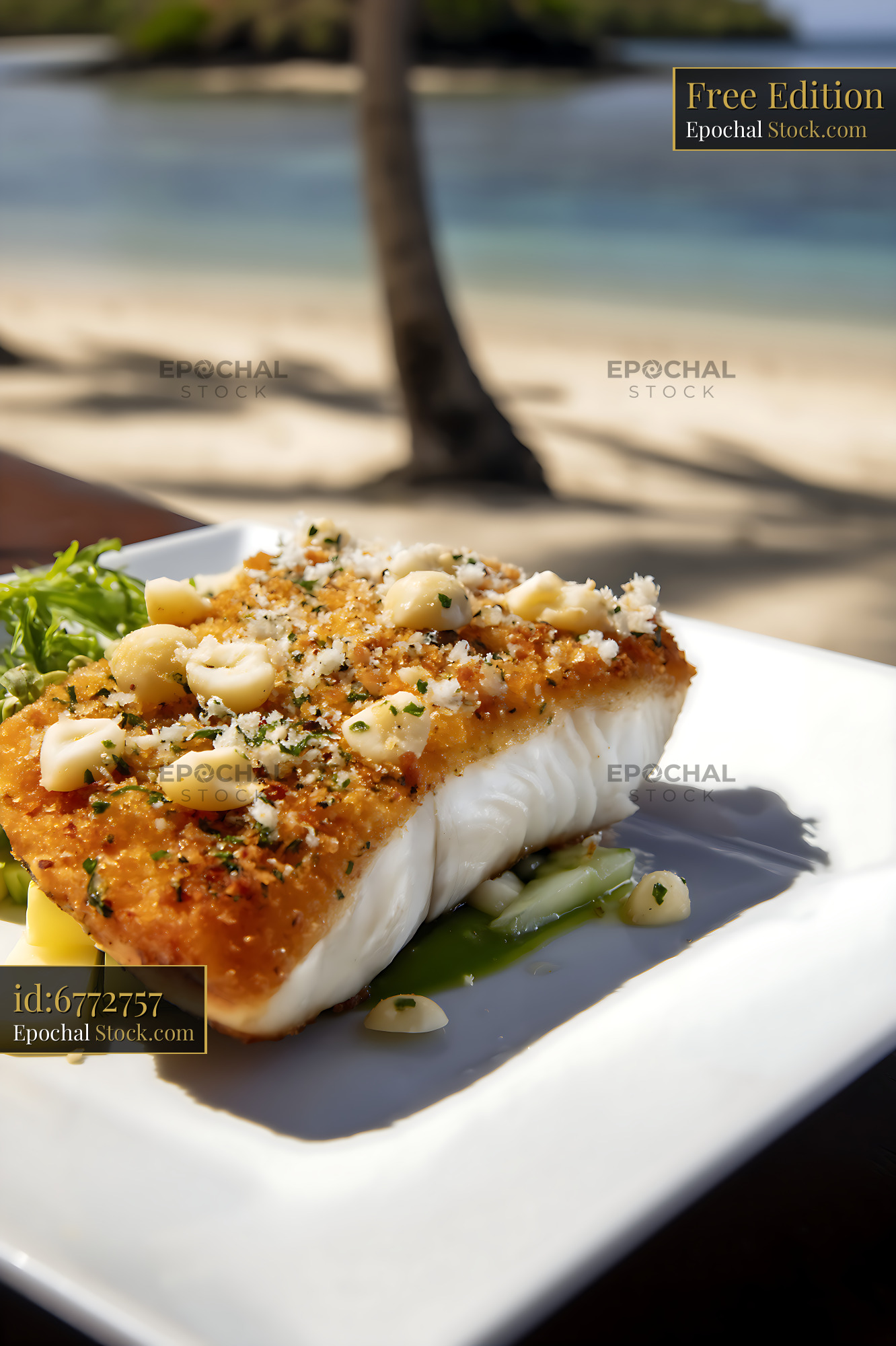 Pan-Seared Fish with Capers at Tropical Resort - stock photo