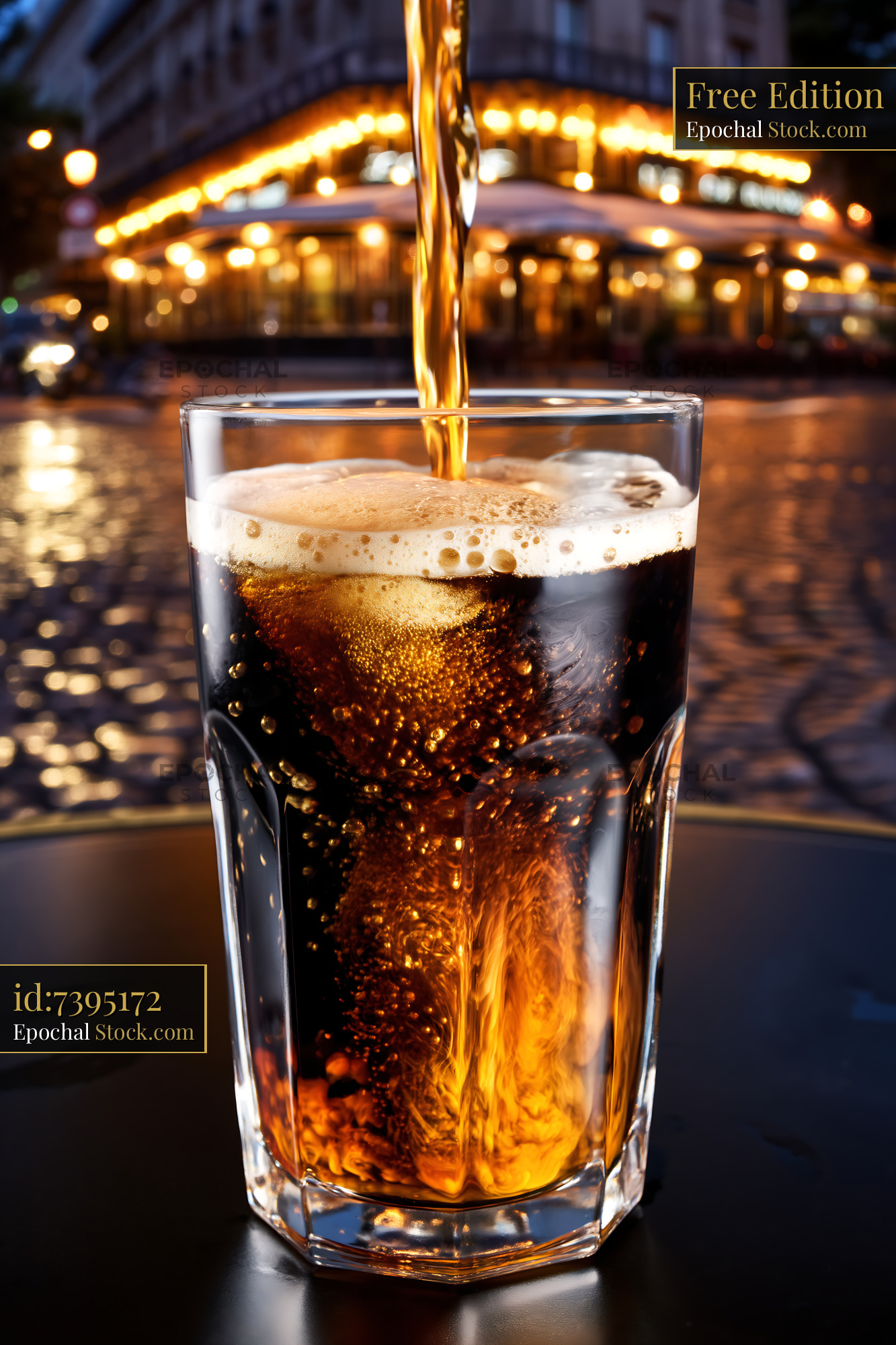 Soda Pouring Into Glass in Urban Nighttime - stock photo