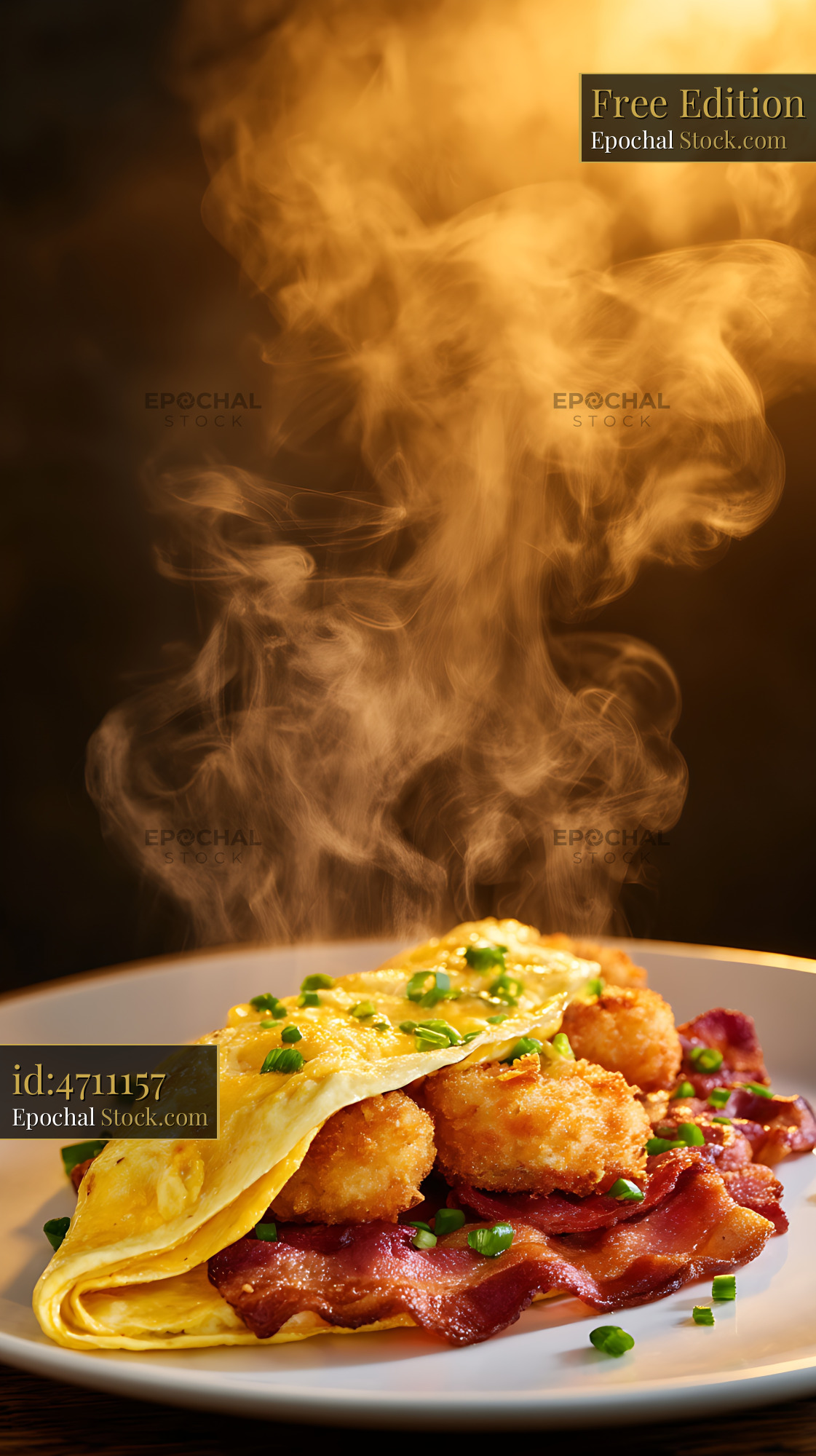 Steaming Gourmet Breakfast Omelet with Bacon - stock photo