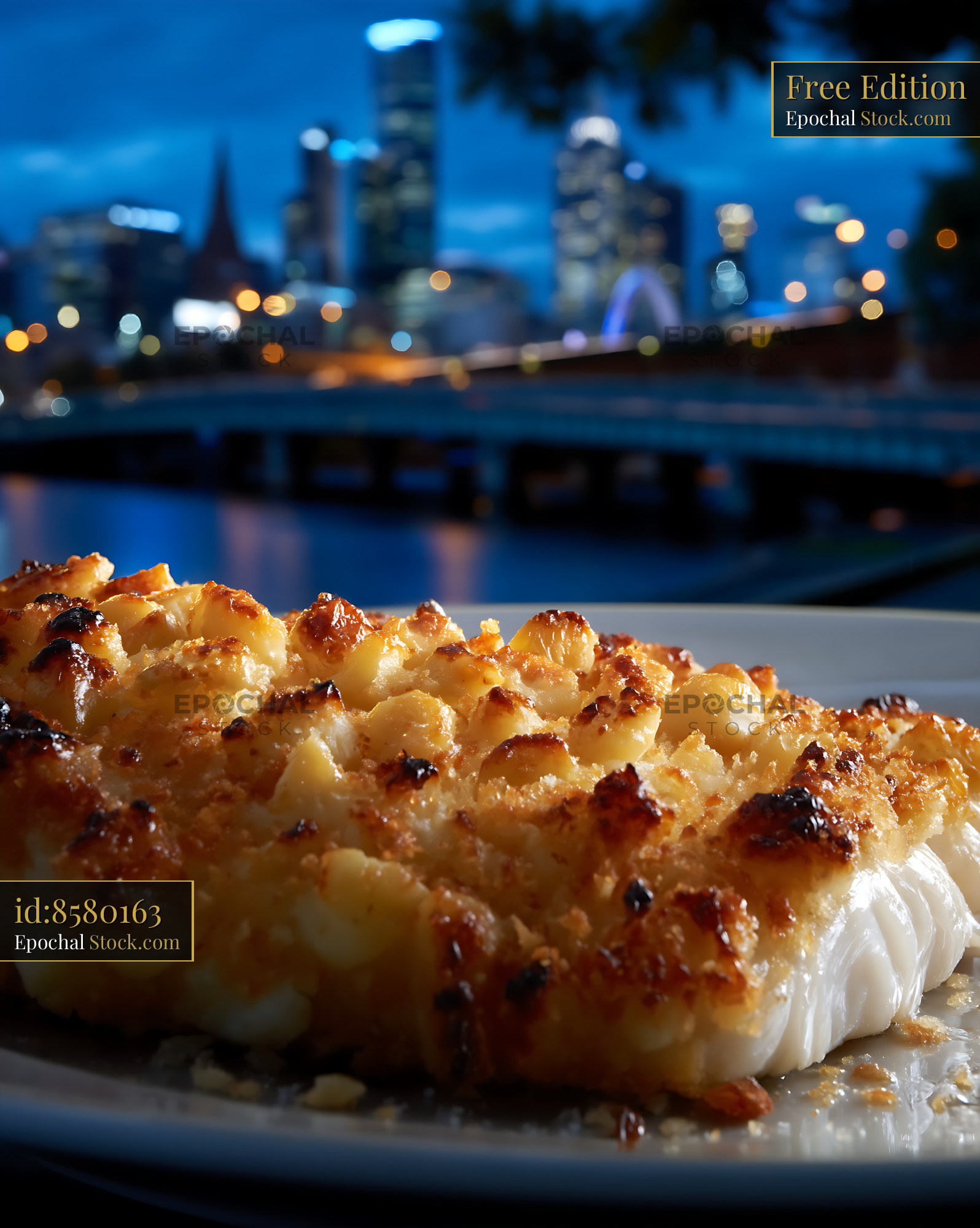 Macadamia Crusted Fish with Urban Skyline - stock photo