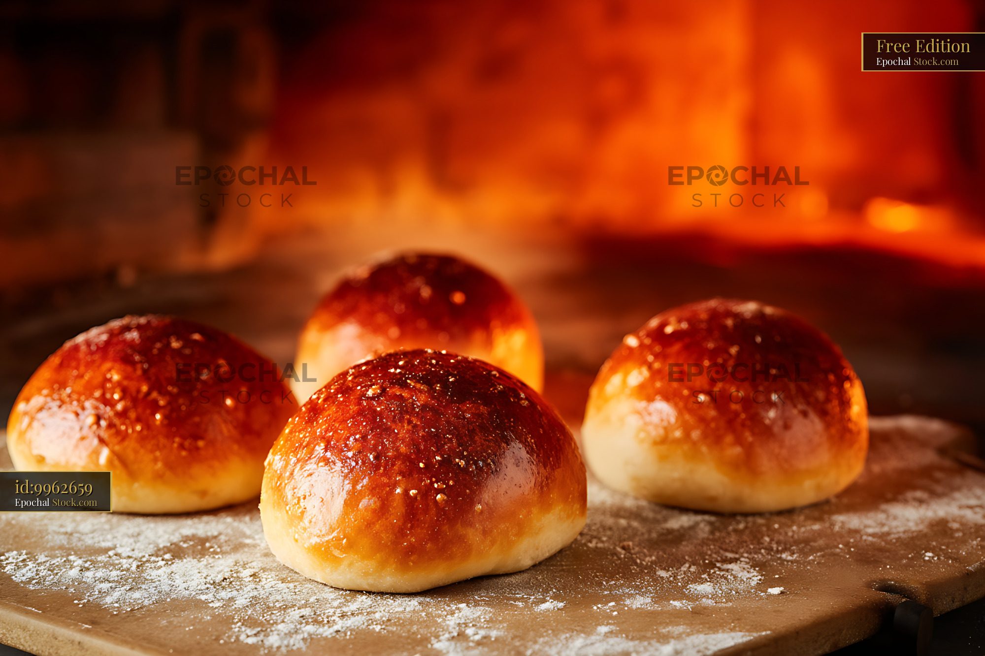 Freshly Baked Golden Bread Rolls on Wooden Surface - stock photo