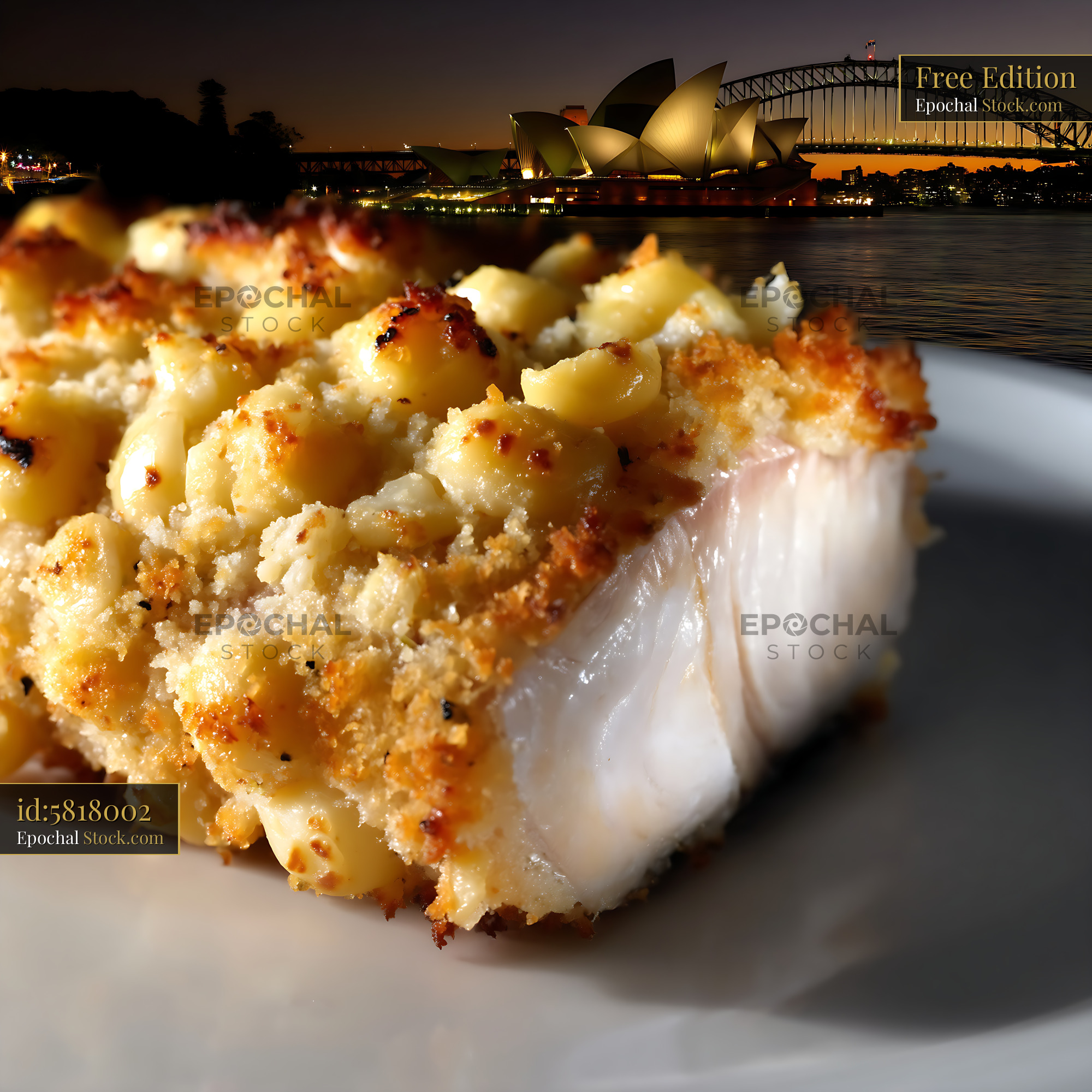 Macadamia Crusted Fish with Sydney Skyline - stock photo