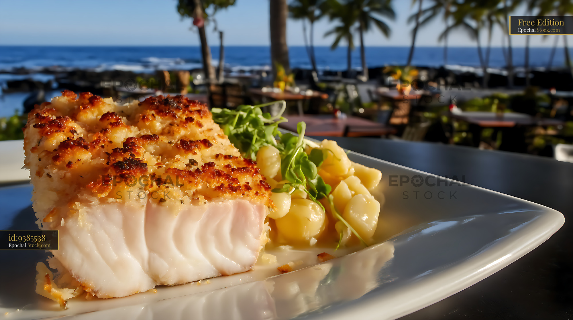 Crispy Herb Fish with Corn at Coastal Restaurant - stock photo