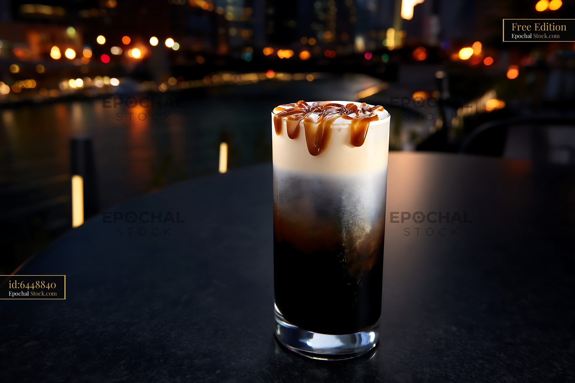 Nitro Caramel Coffee with City Lights - stock photo