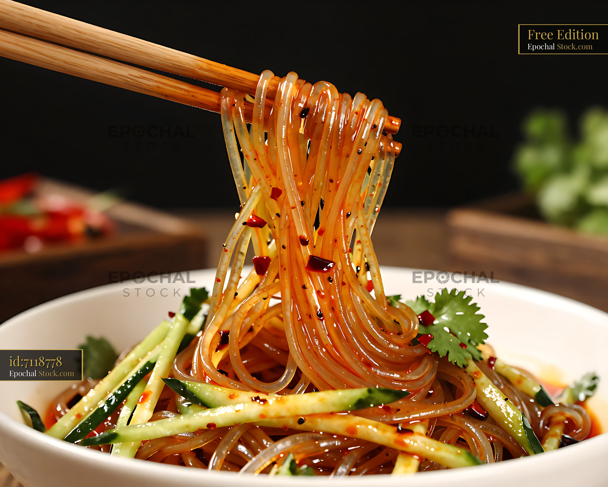 Sichuan Glass Noodle Salad Being Lifted - stock photo