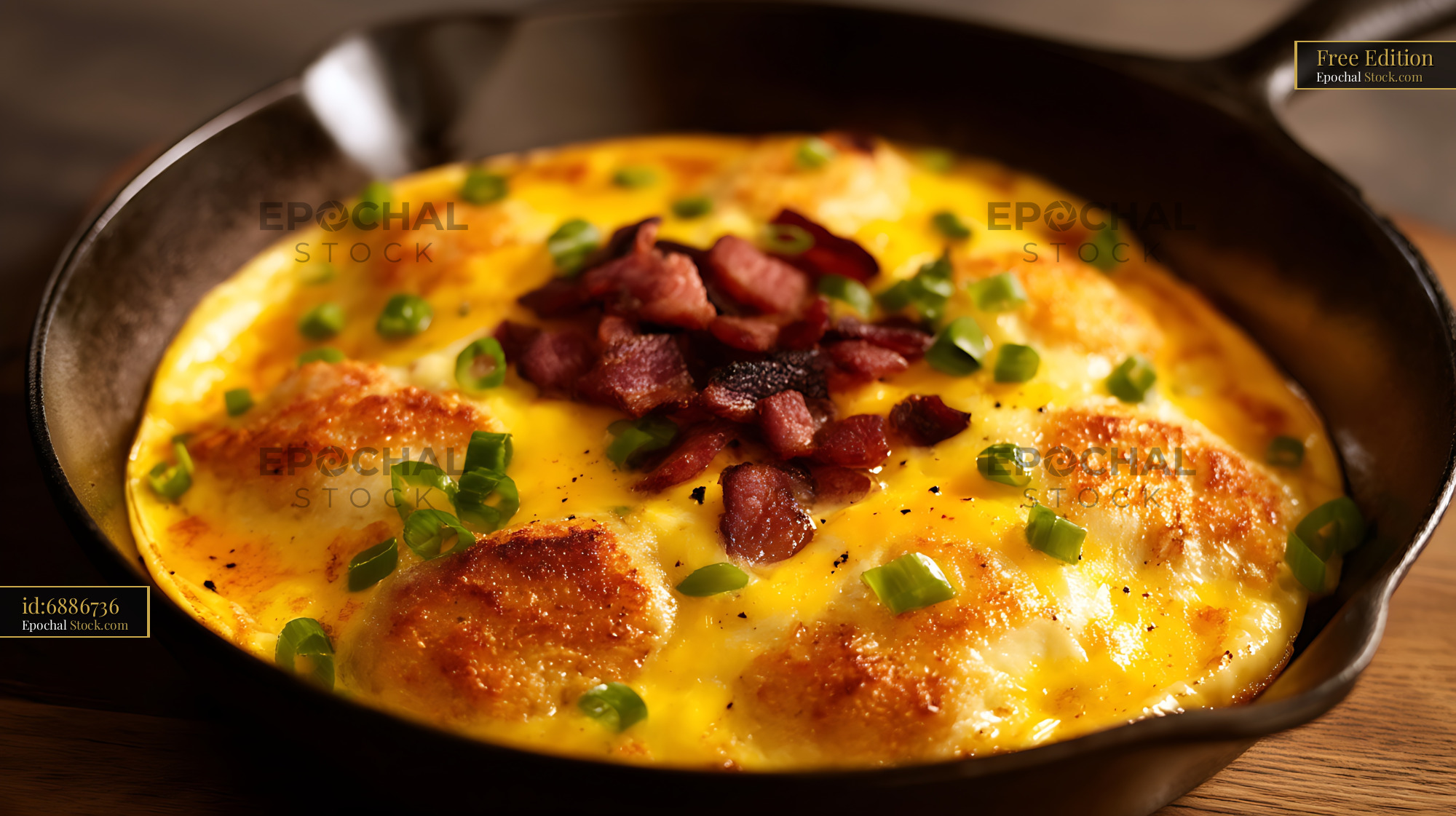 Crispy Bacon Omelet with Green Onion Cast Iron - stock photo