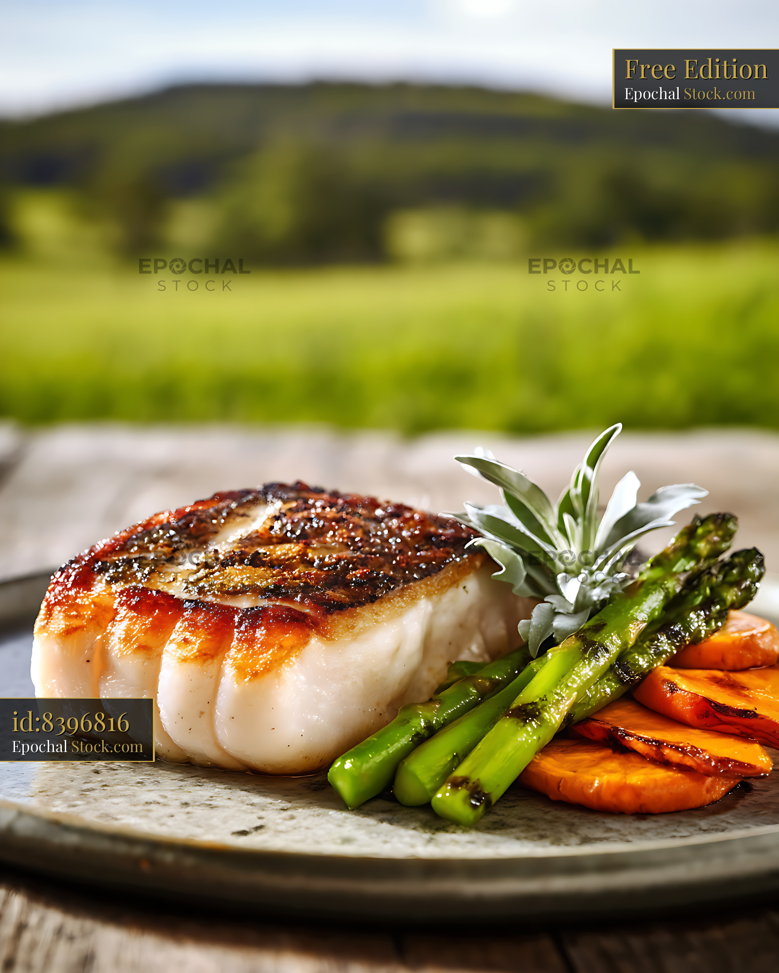 Seared Scallop with Charred Asparagus Garden - stock photo