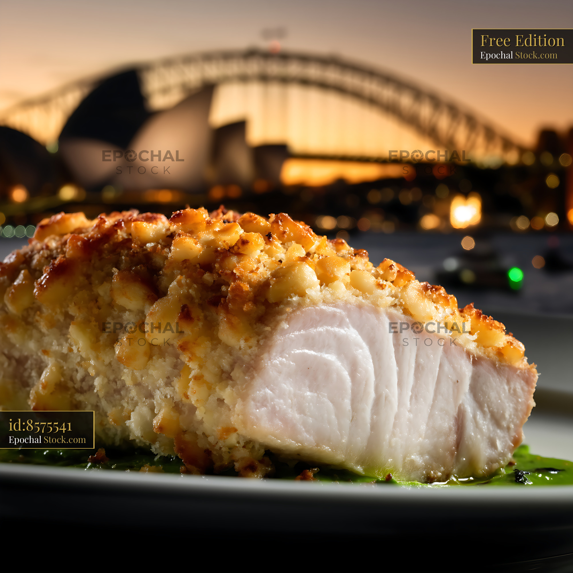 Macadamia Crusted Fish with Sydney Harbour View - stock photo
