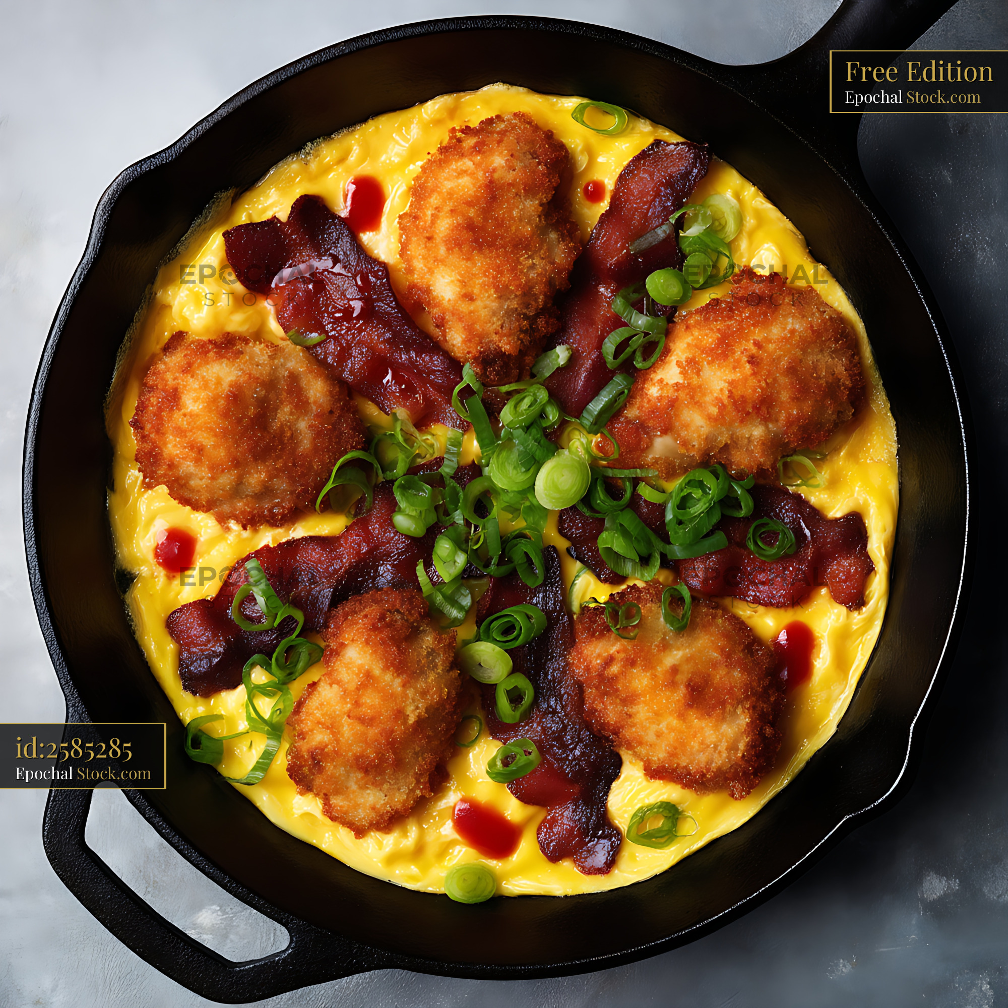 Gourmet Skillet Omelet with Crispy Chicken & Bacon - stock photo