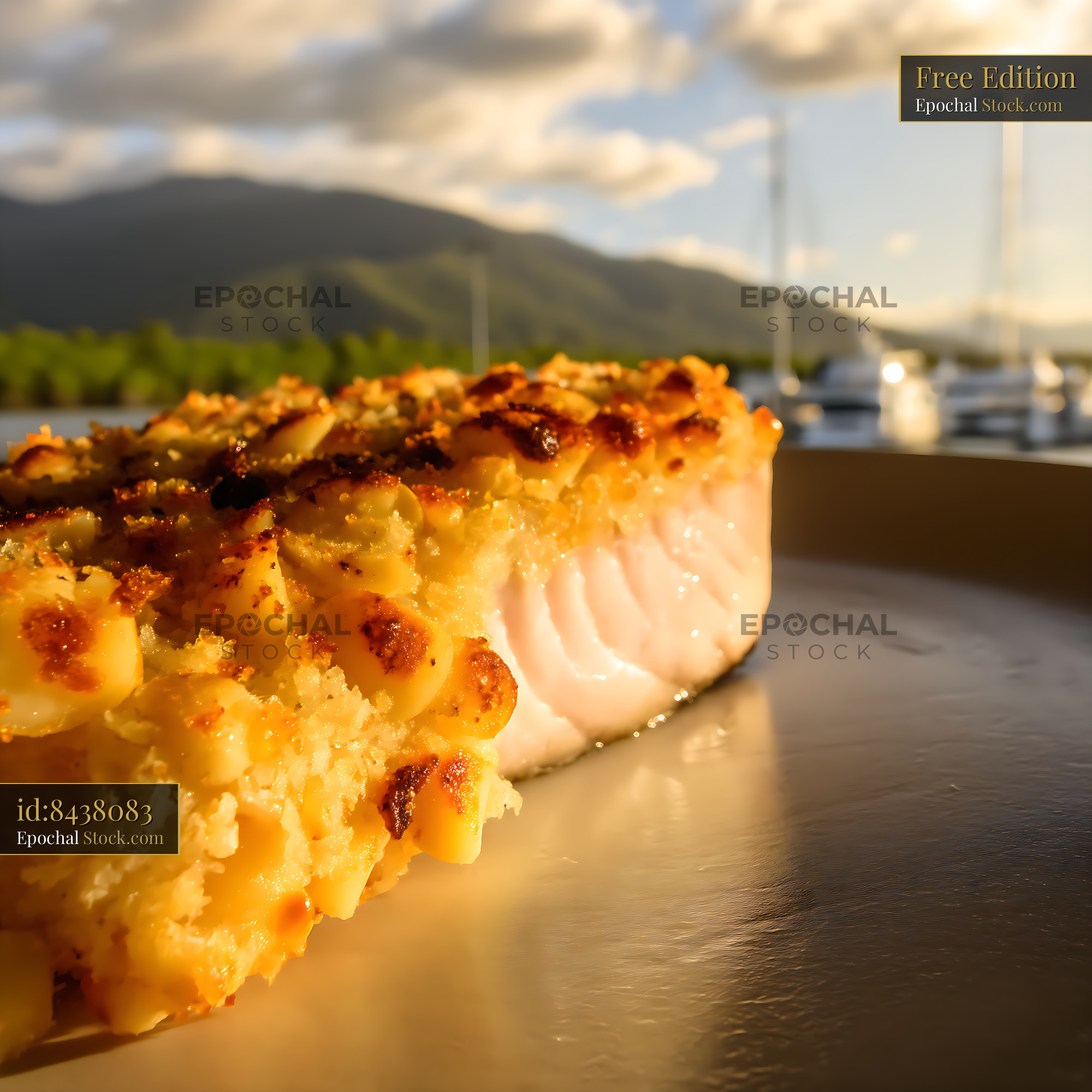 Crusted Salmon Fillet with Marina Harbor View - stock photo