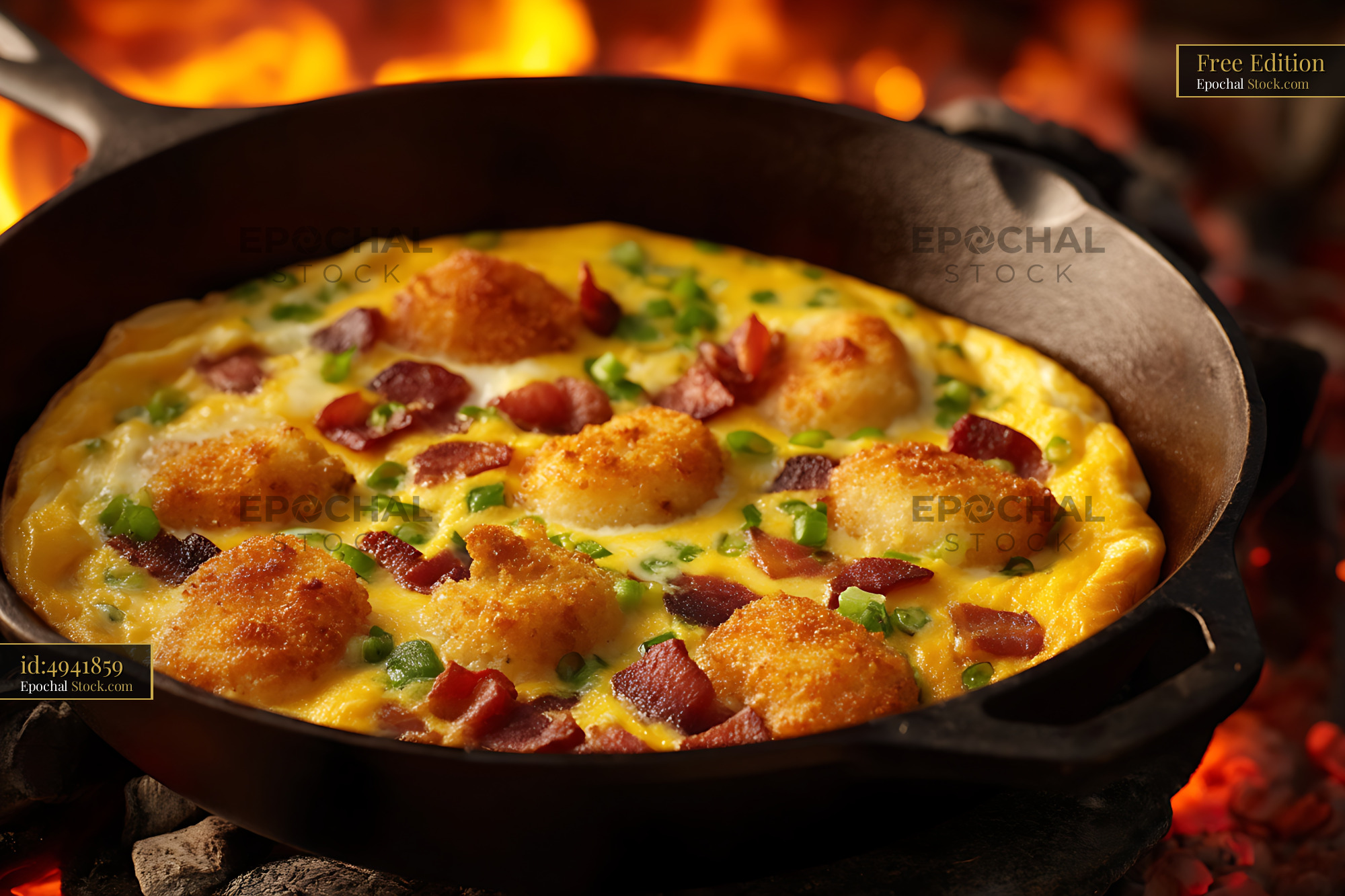 Cast Iron Bacon Omelet Cooking Over Campfire - stock photo