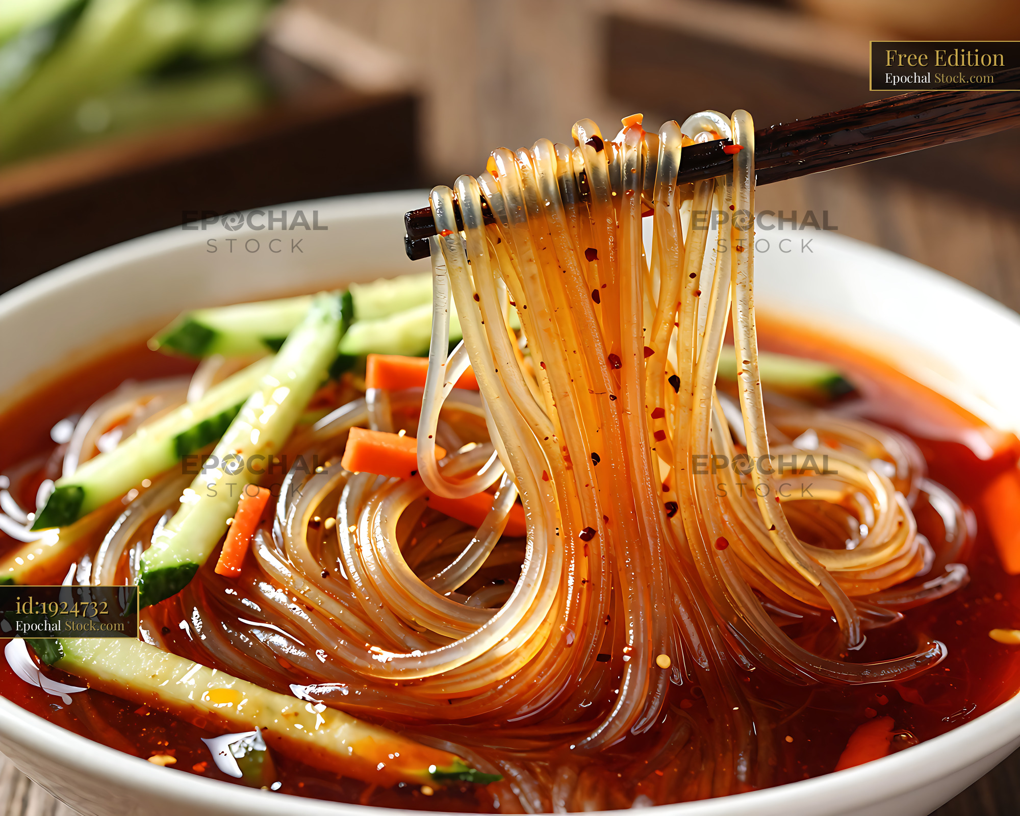 Sichuan Glass Noodle Salad Lifted on Chopsticks - stock photo