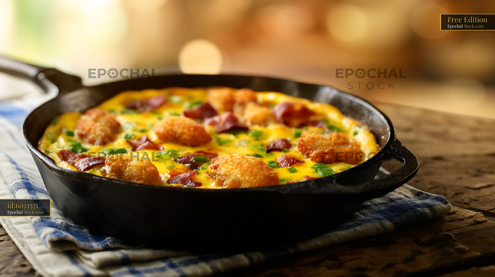 Frittata with Bacon in Cast Iron Skillet - stock photo