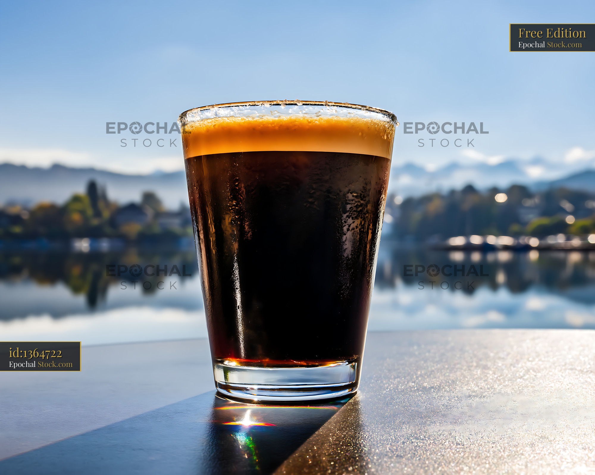 Nitro Caramel Coffee Overlooking Mountain Lake - stock photo