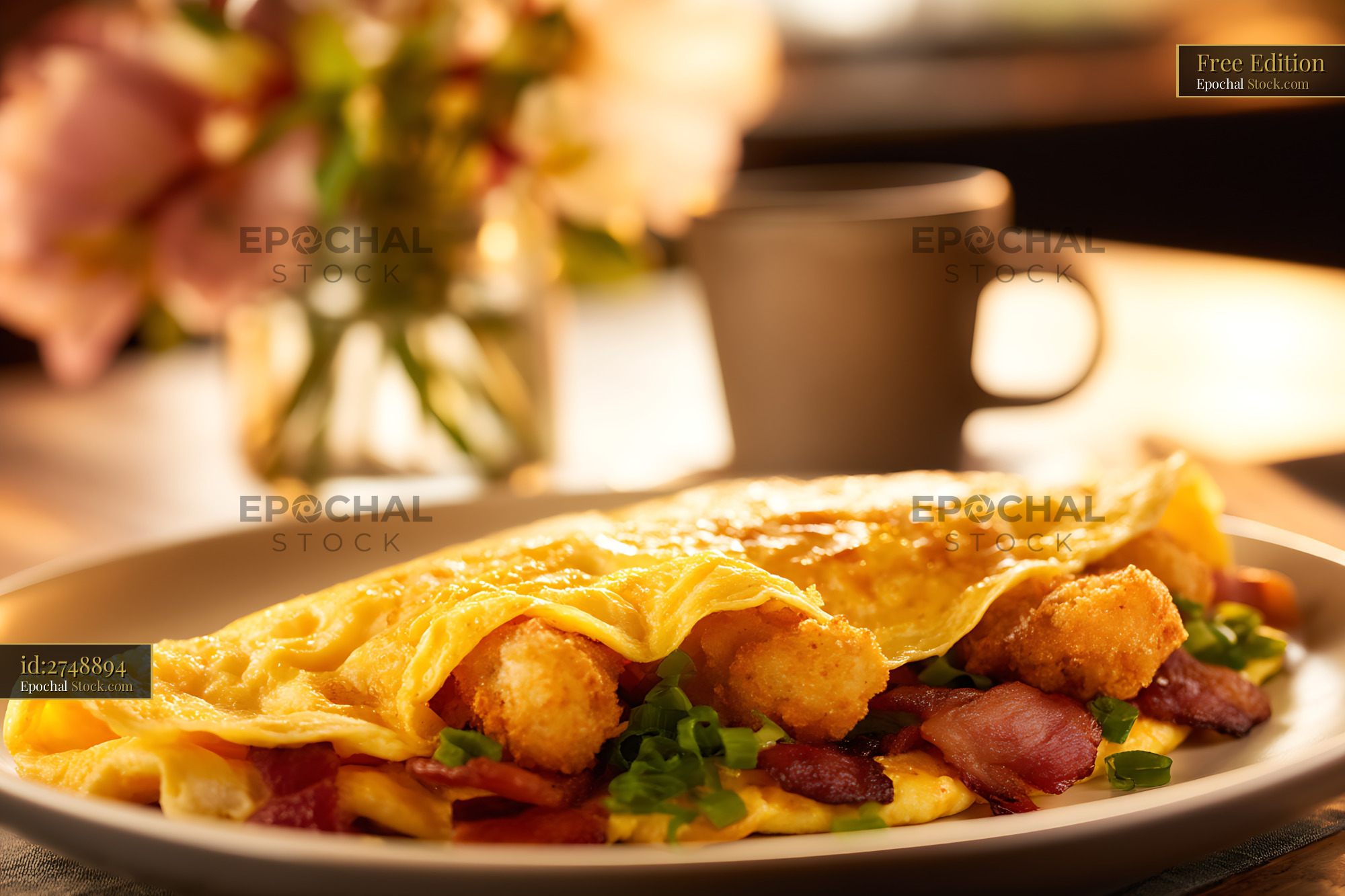 Gourmet Breakfast Omelet with Bacon and Tater Tots - stock photo