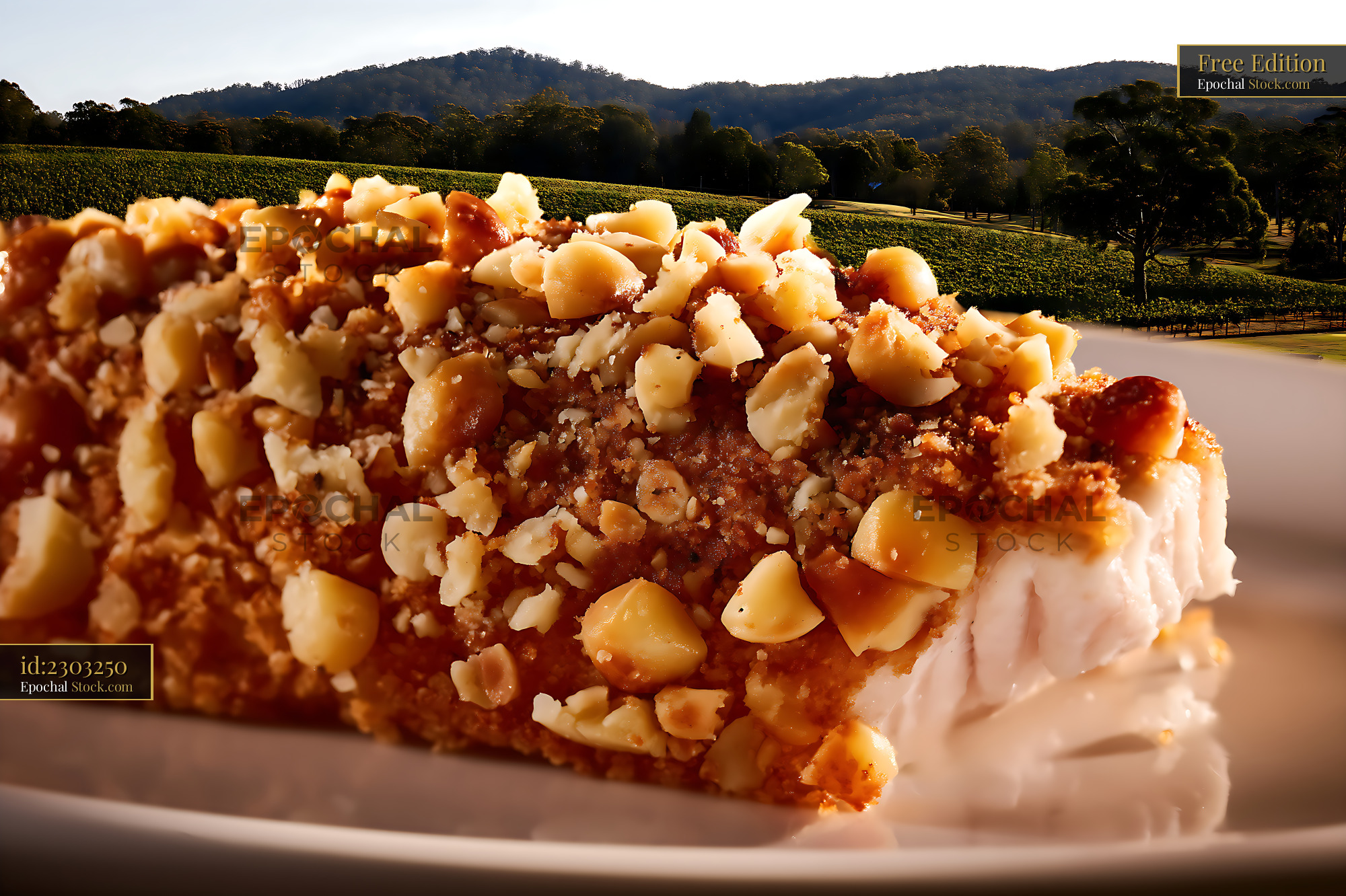 Caramel Macadamia Nut Cake Vineyard Backdrop - stock photo