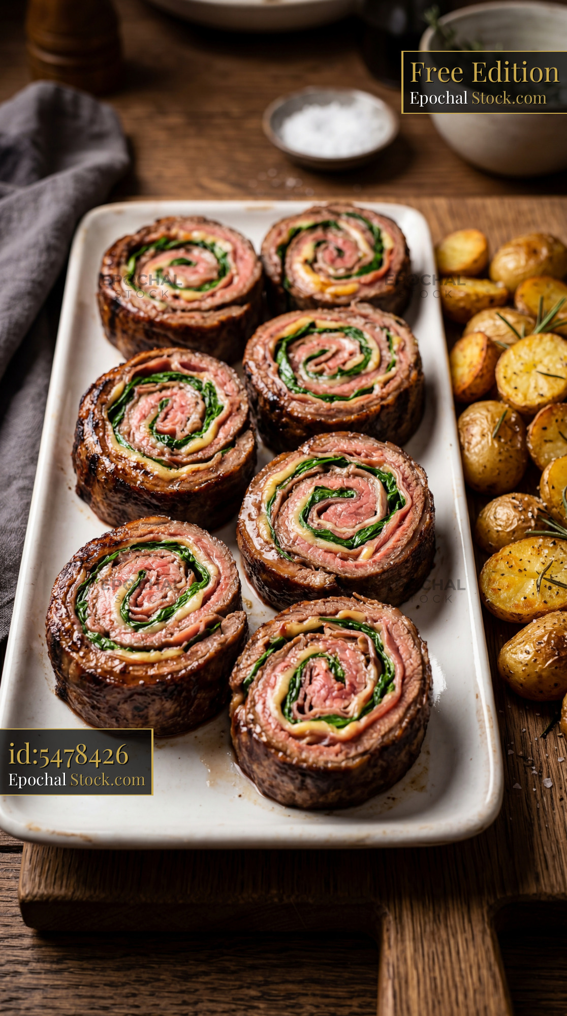 Beef Roulade with Spinach and Roasted Potatoes - stock photo
