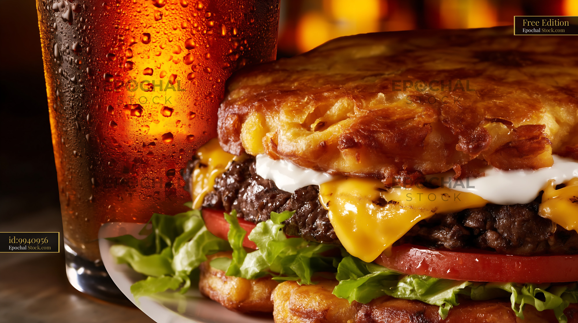 Gourmet Cheeseburger with Crispy Onions and Soda - stock photo