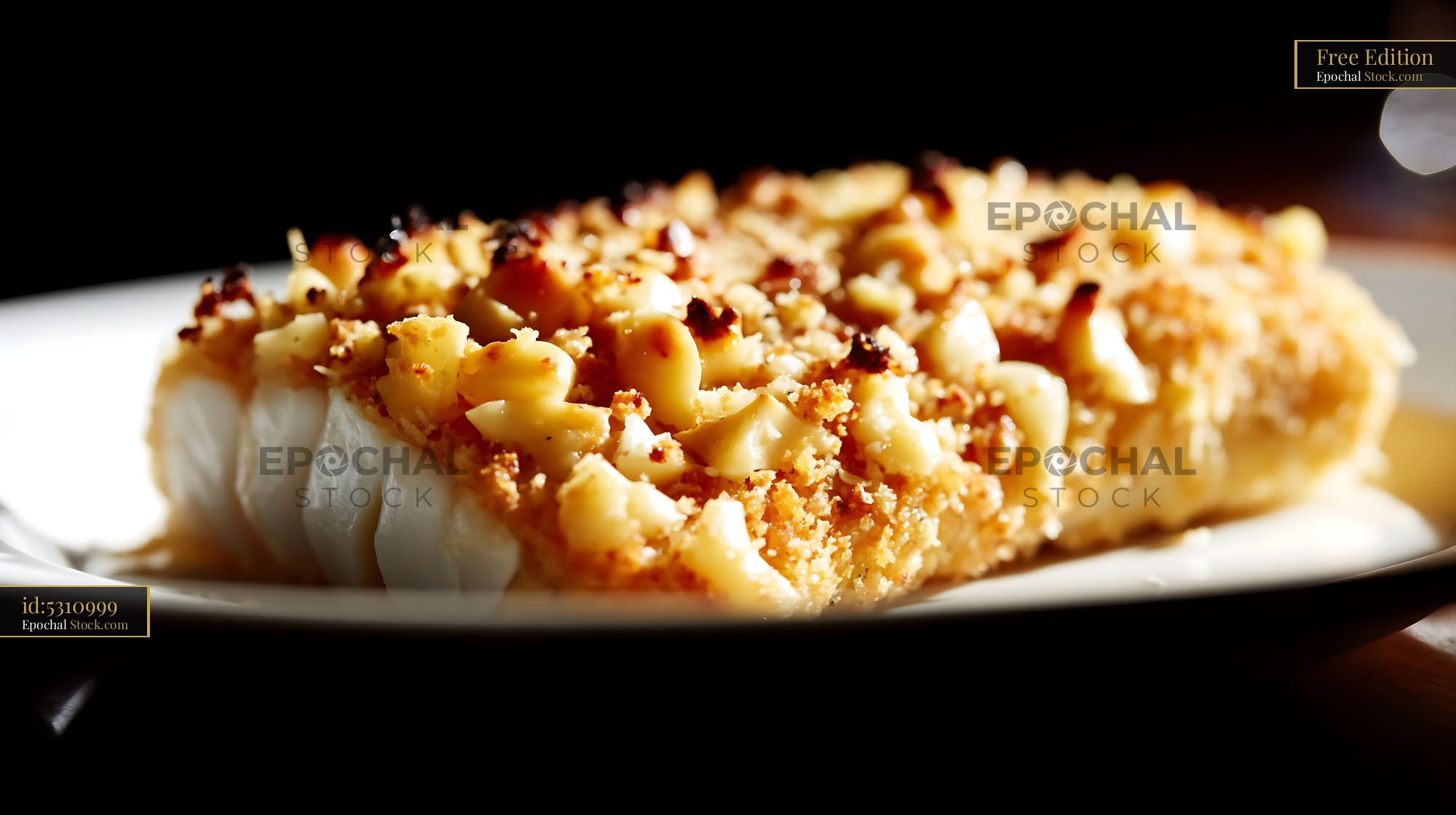 Macadamia Crusted Fish Fillet on White Plate - stock photo